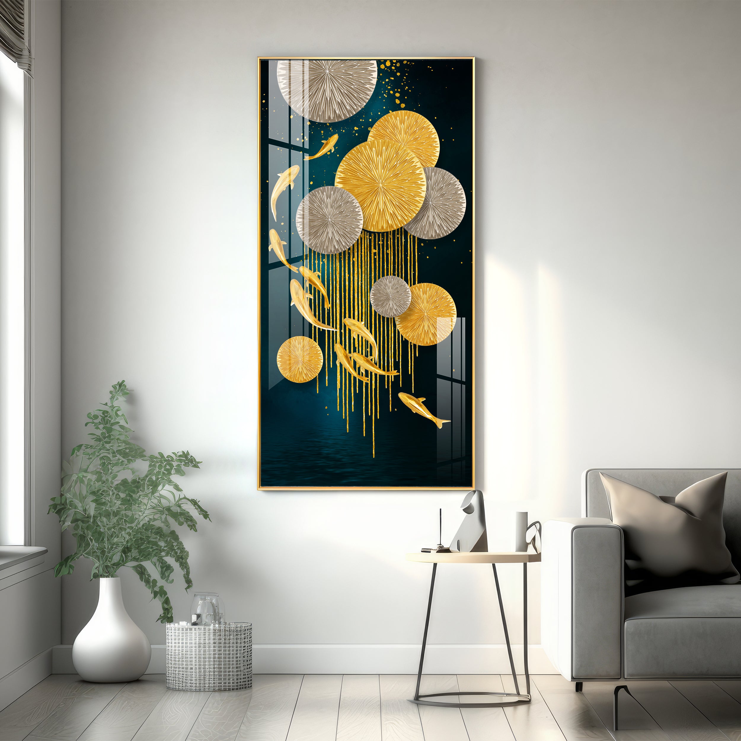 Golden Fish With Lotus Premium Acrylic Wall Art