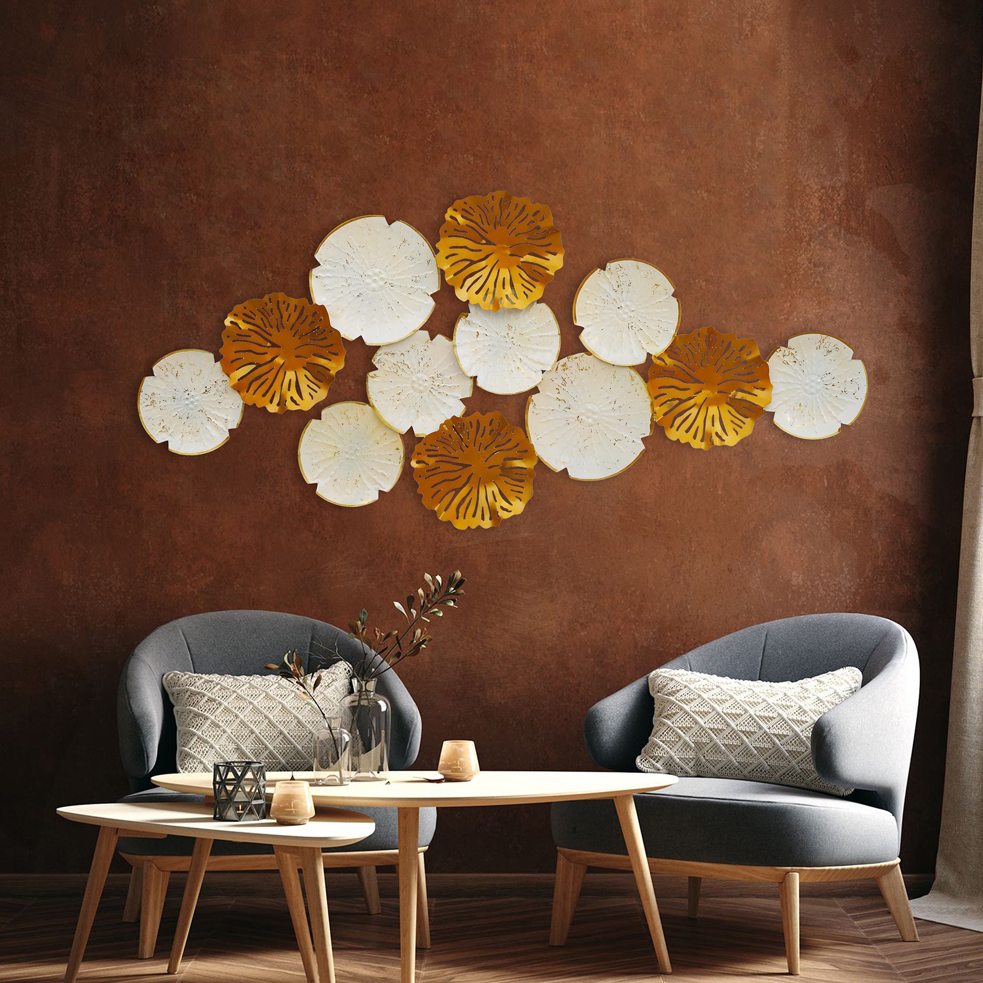 Elegant Golden & White Floral Metal Wall Art