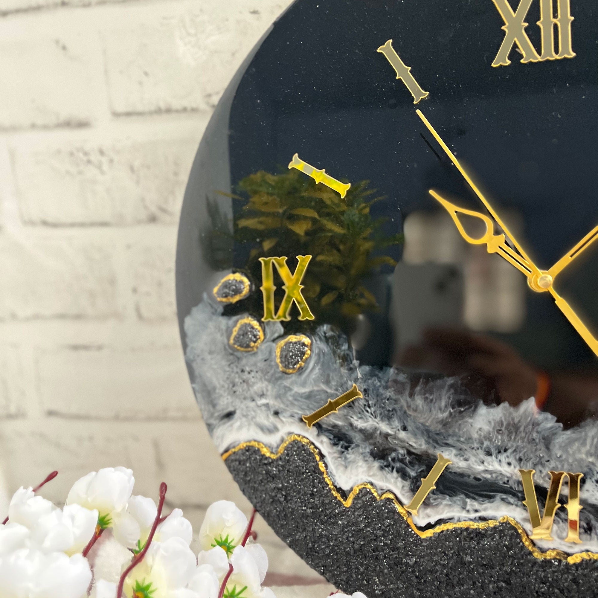Dark Black Glitter Epoxy Resin Wall Clock