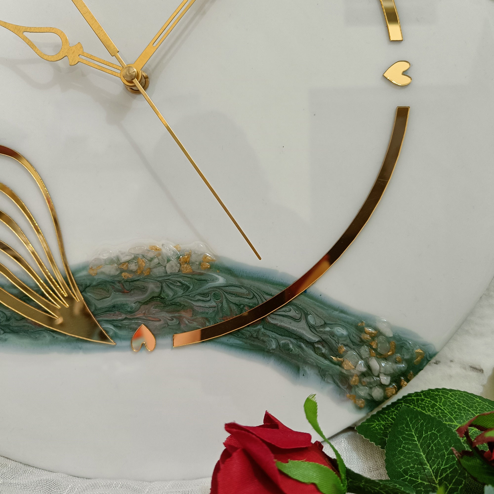 Green White With Stone Epoxy Resin Wall Clock