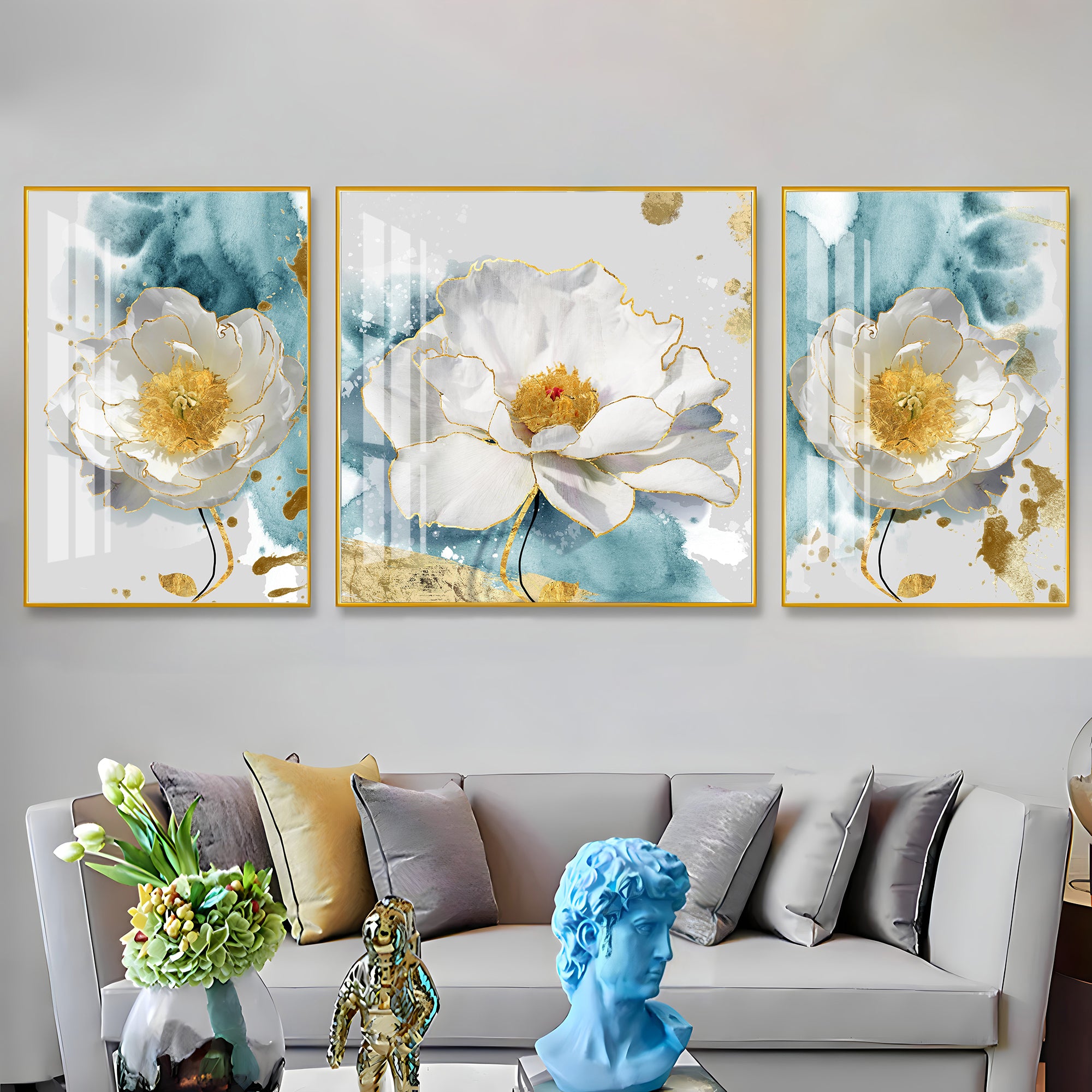 White Peony Blossom Flowers Premium Acrylic Wall Art (Set of 3)