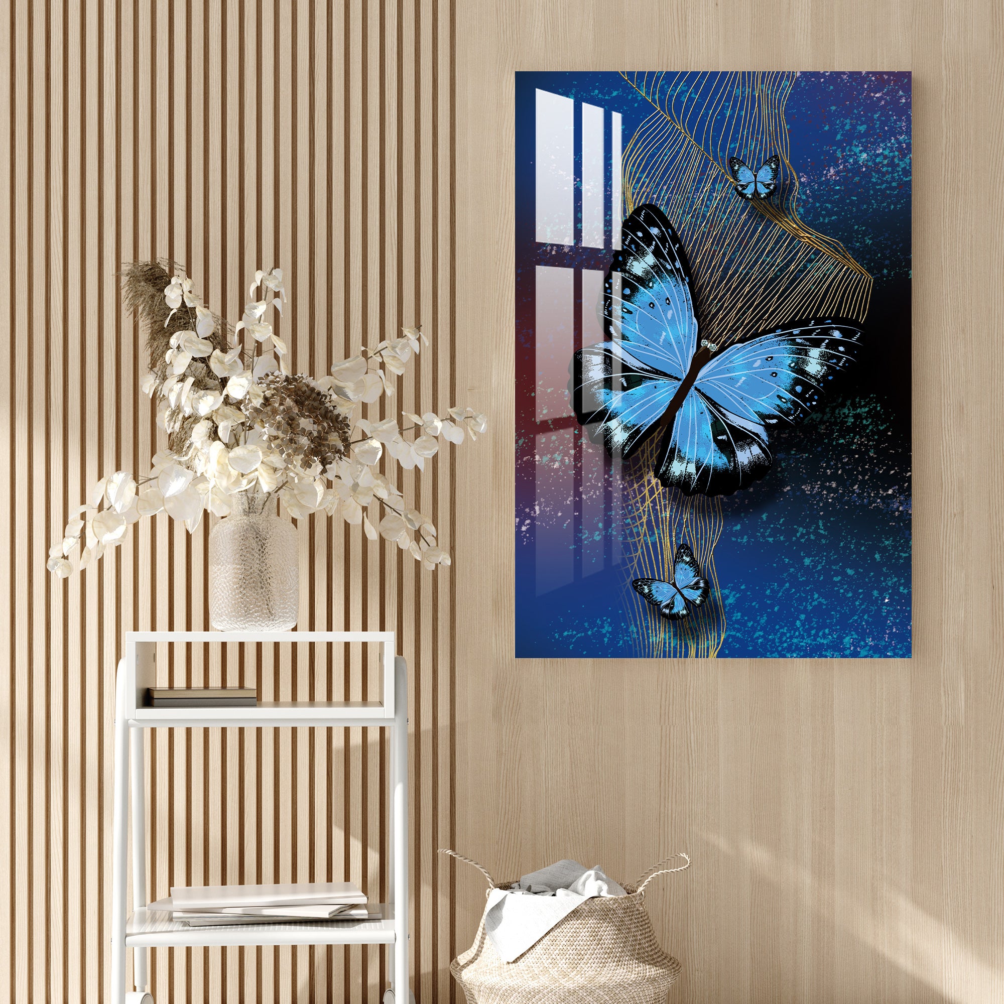 Blue butterfly acrylic wall artwork against a wood-slat wall