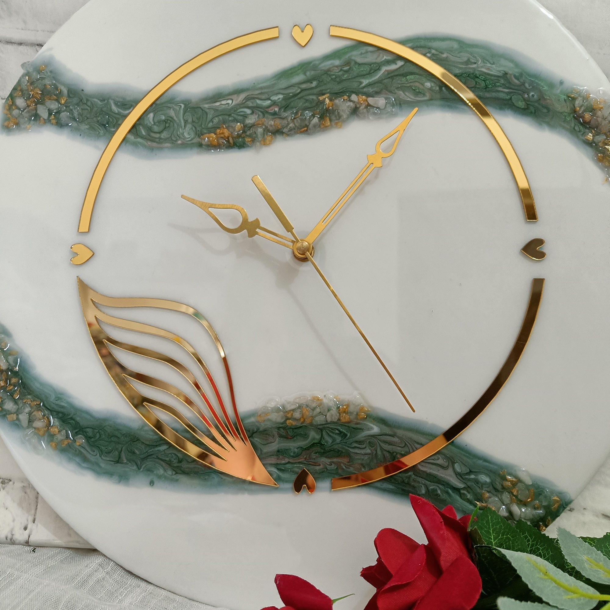 Green White With Stone Epoxy Resin Wall Clock