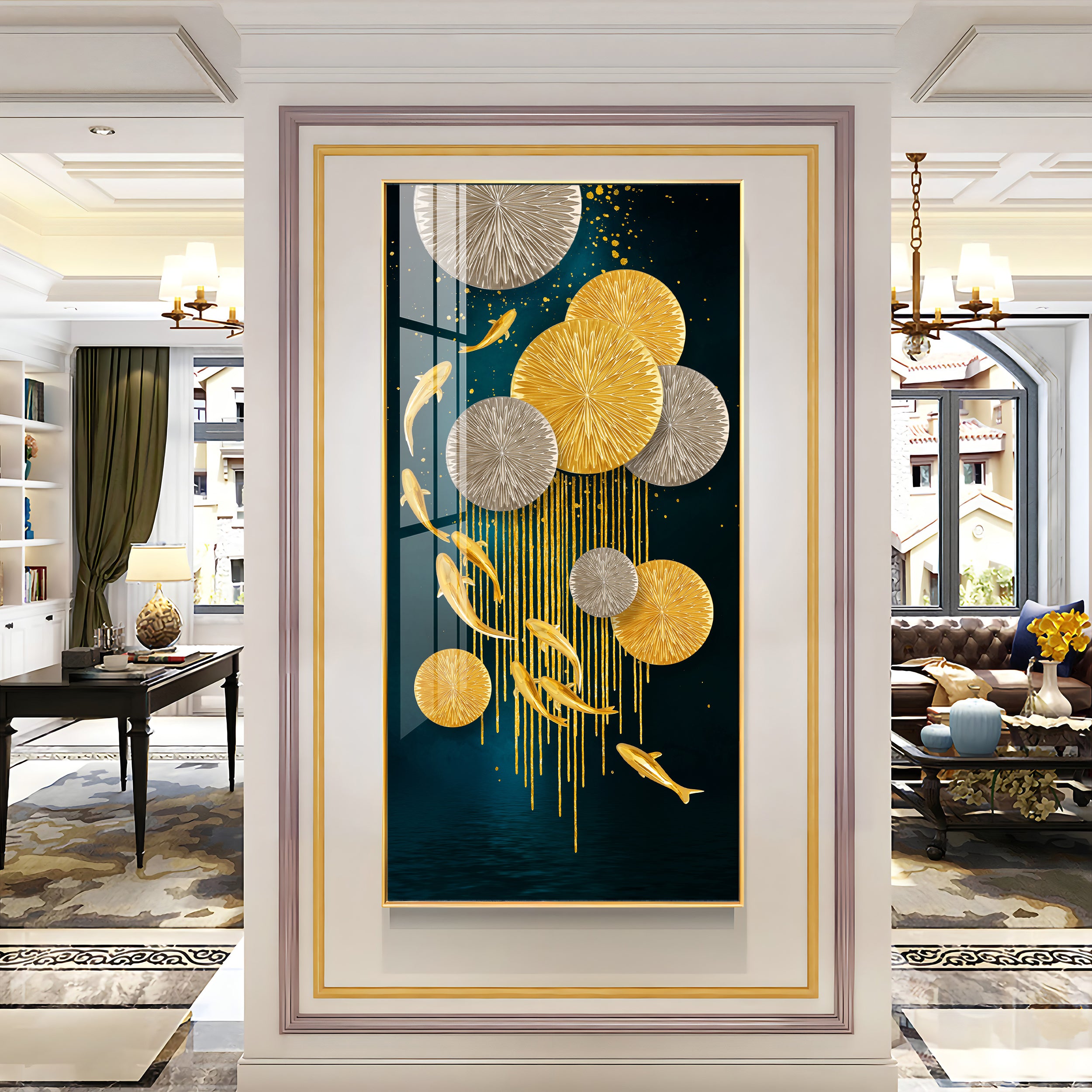 Golden Fish With Lotus Premium Acrylic Wall Art