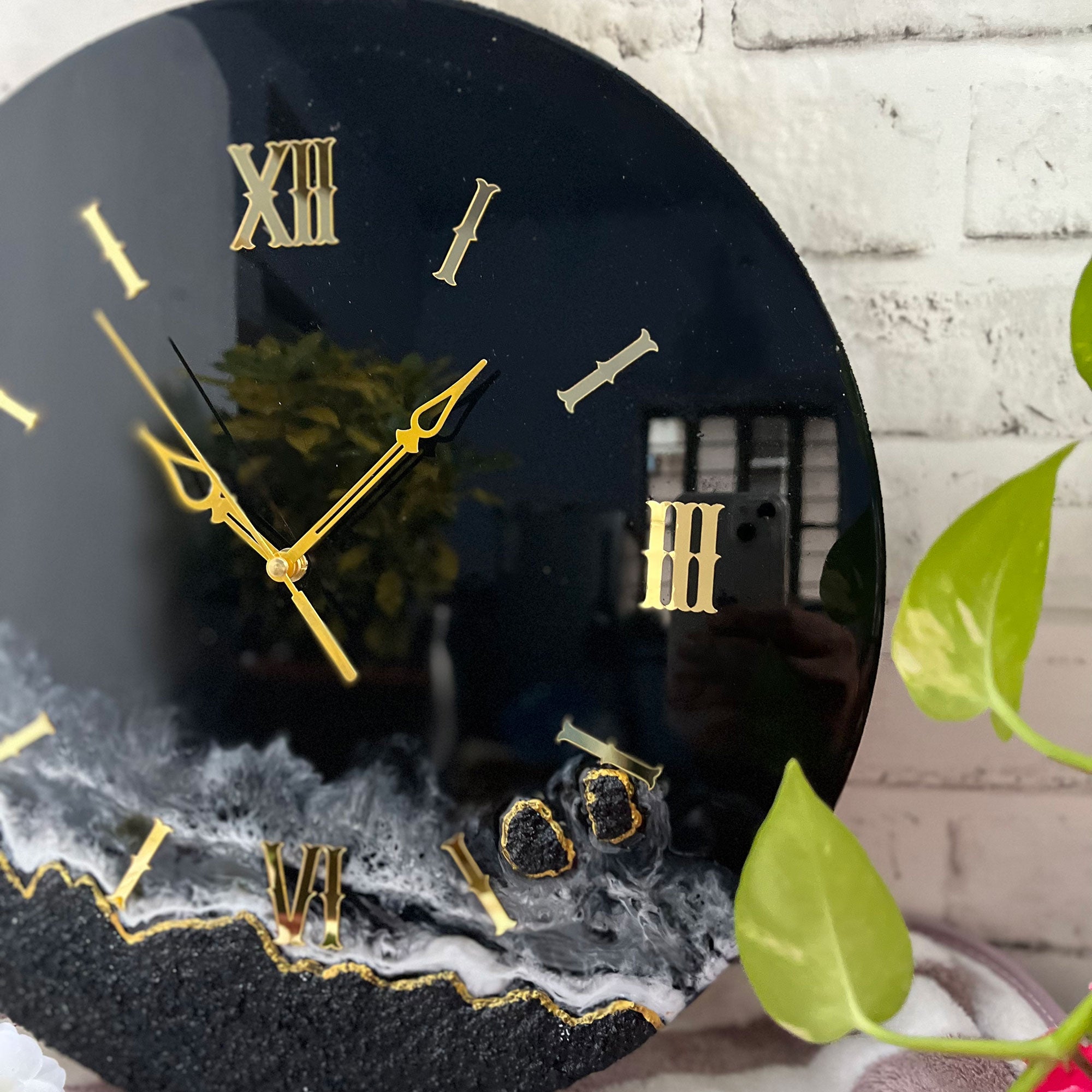 Dark Black Glitter Epoxy Resin Wall Clock