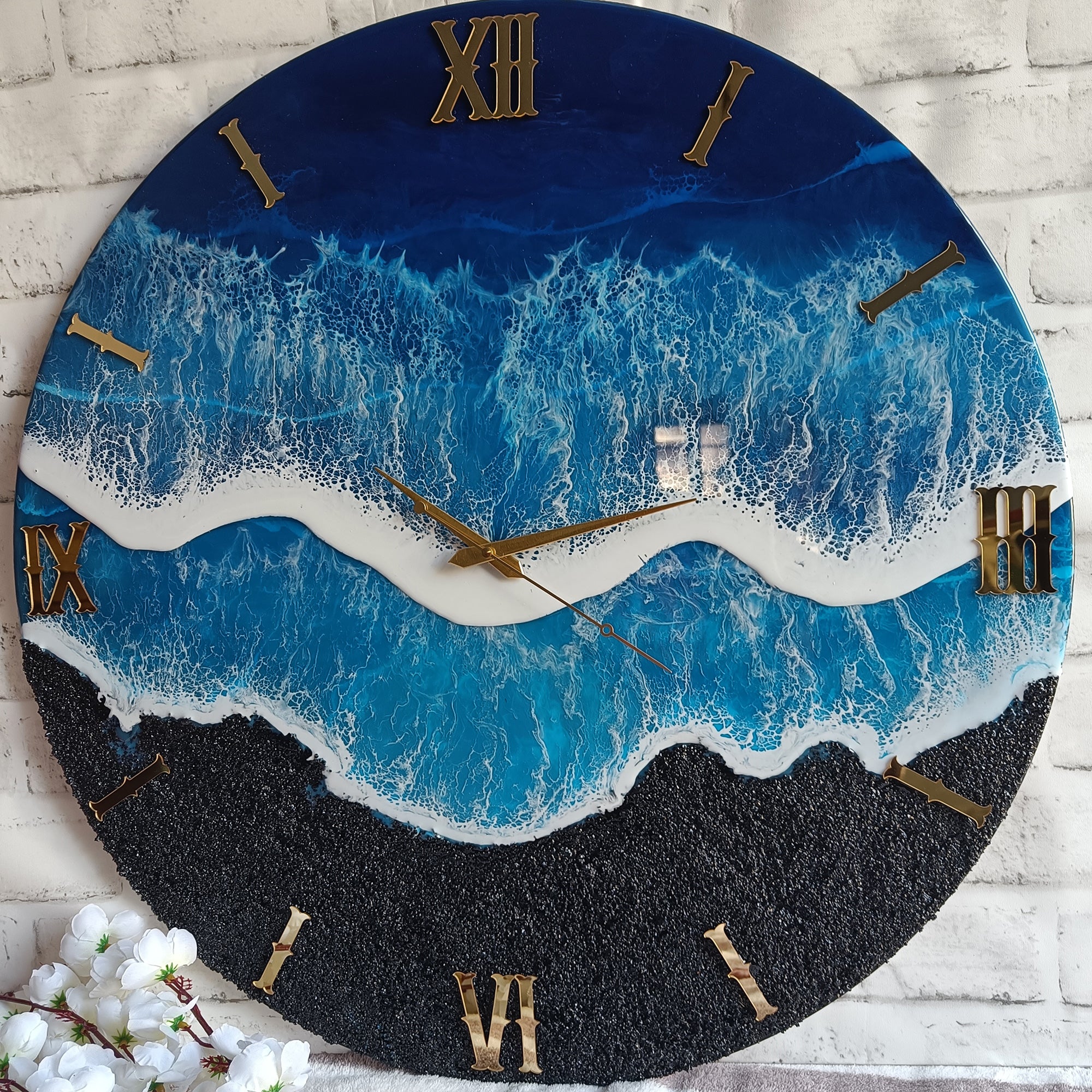 Black & Blue Waves Epoxy Resin Wall Clock