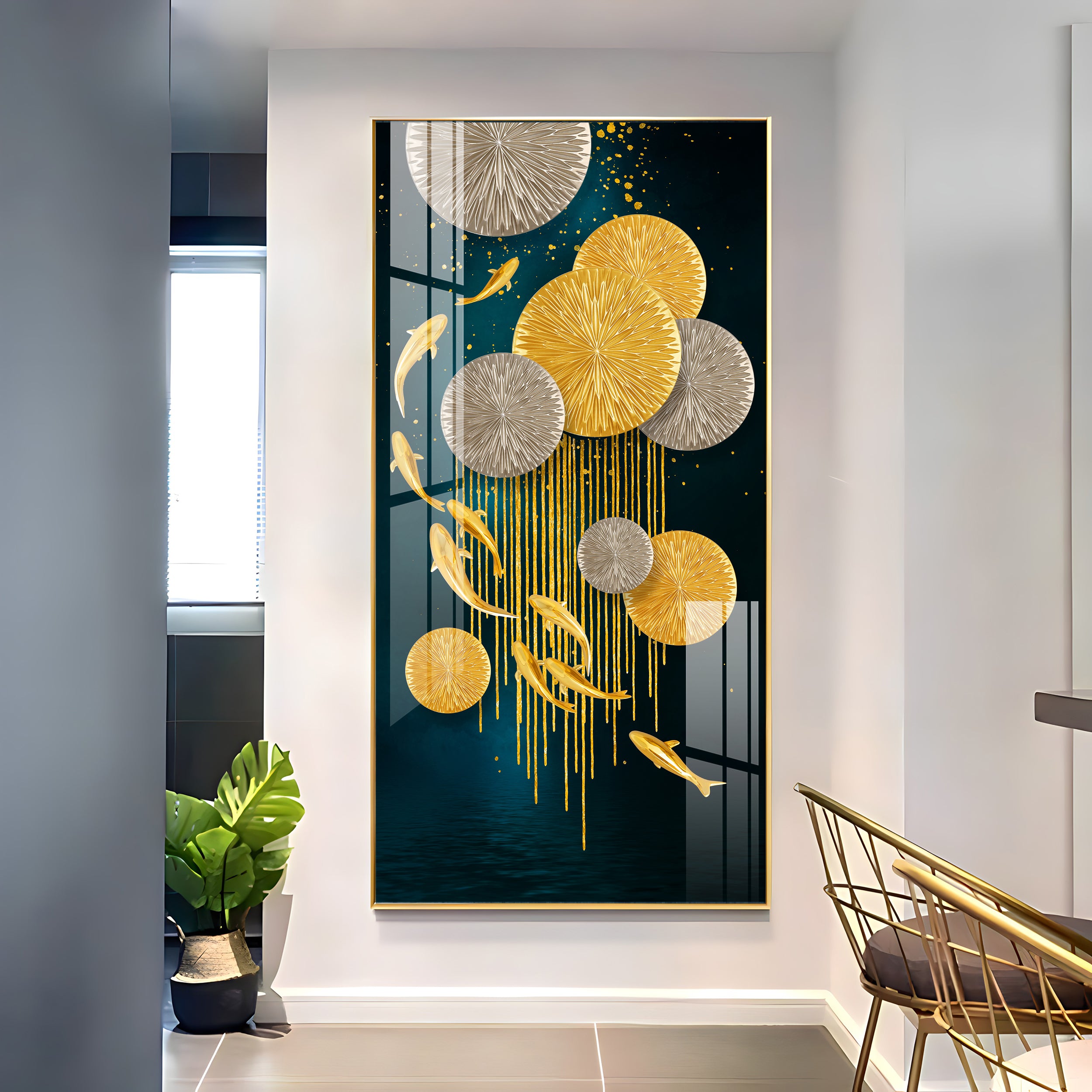 Golden Fish With Lotus Premium Acrylic Wall Art