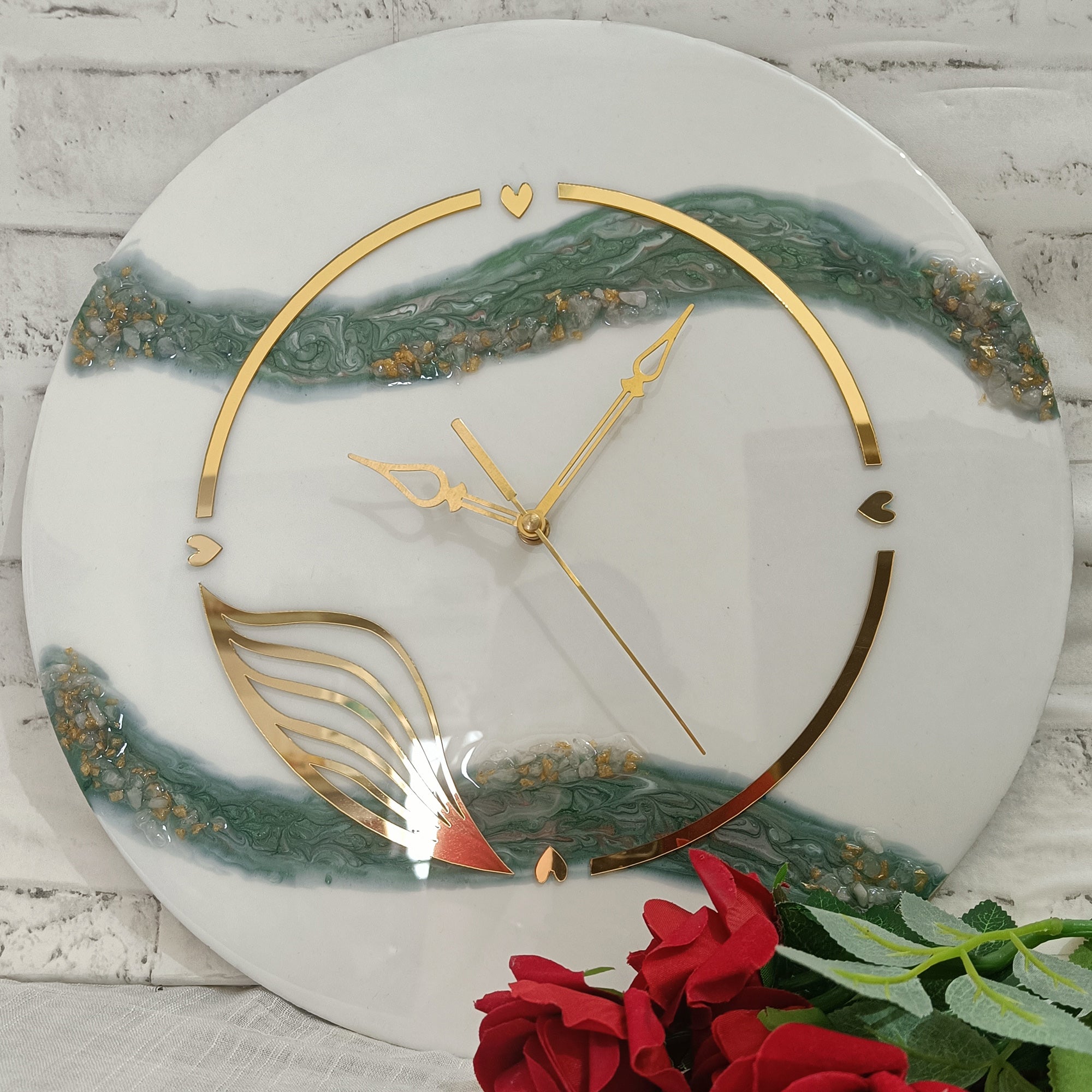 Green White With Stone Epoxy Resin Wall Clock