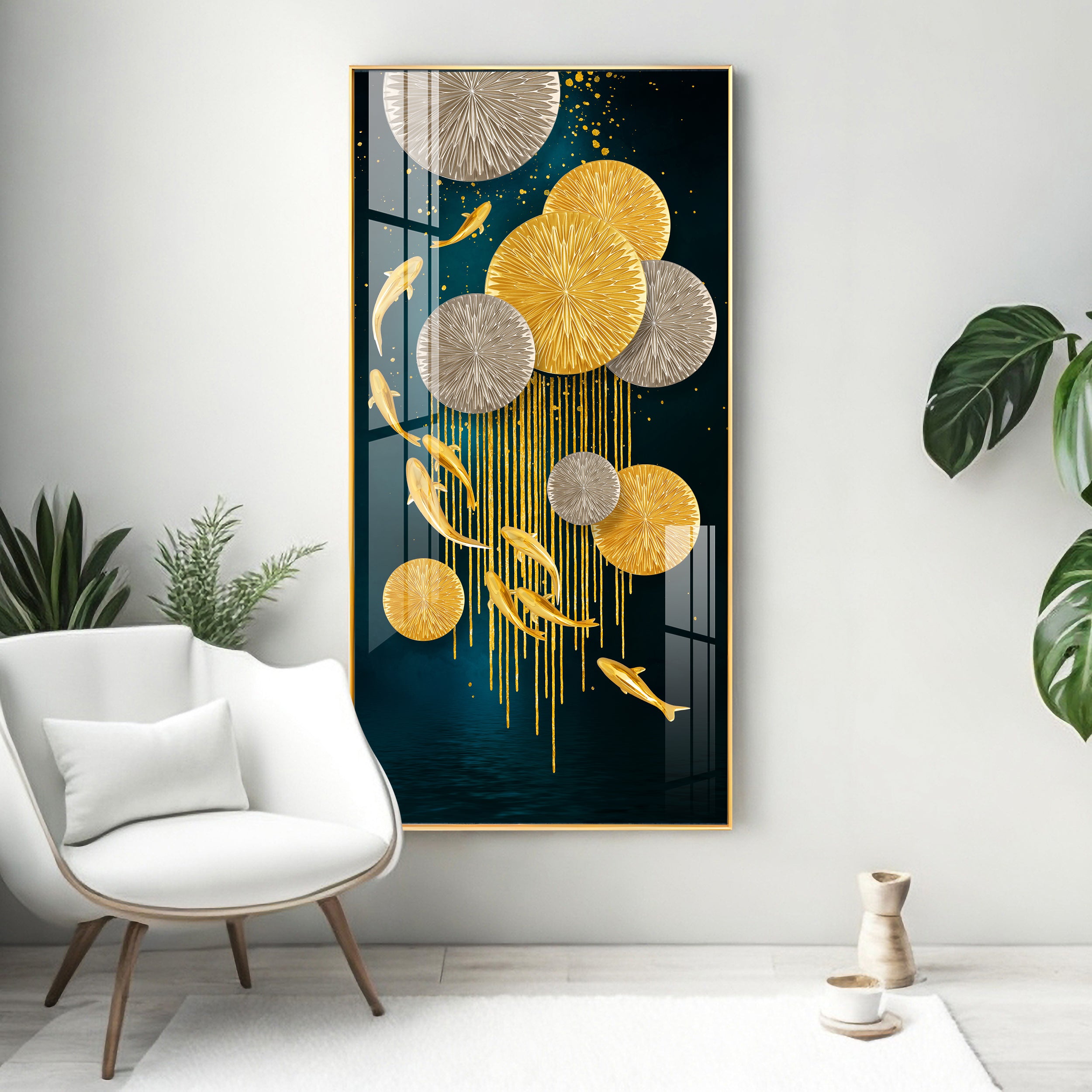 Golden Fish With Lotus Premium Acrylic Wall Art
