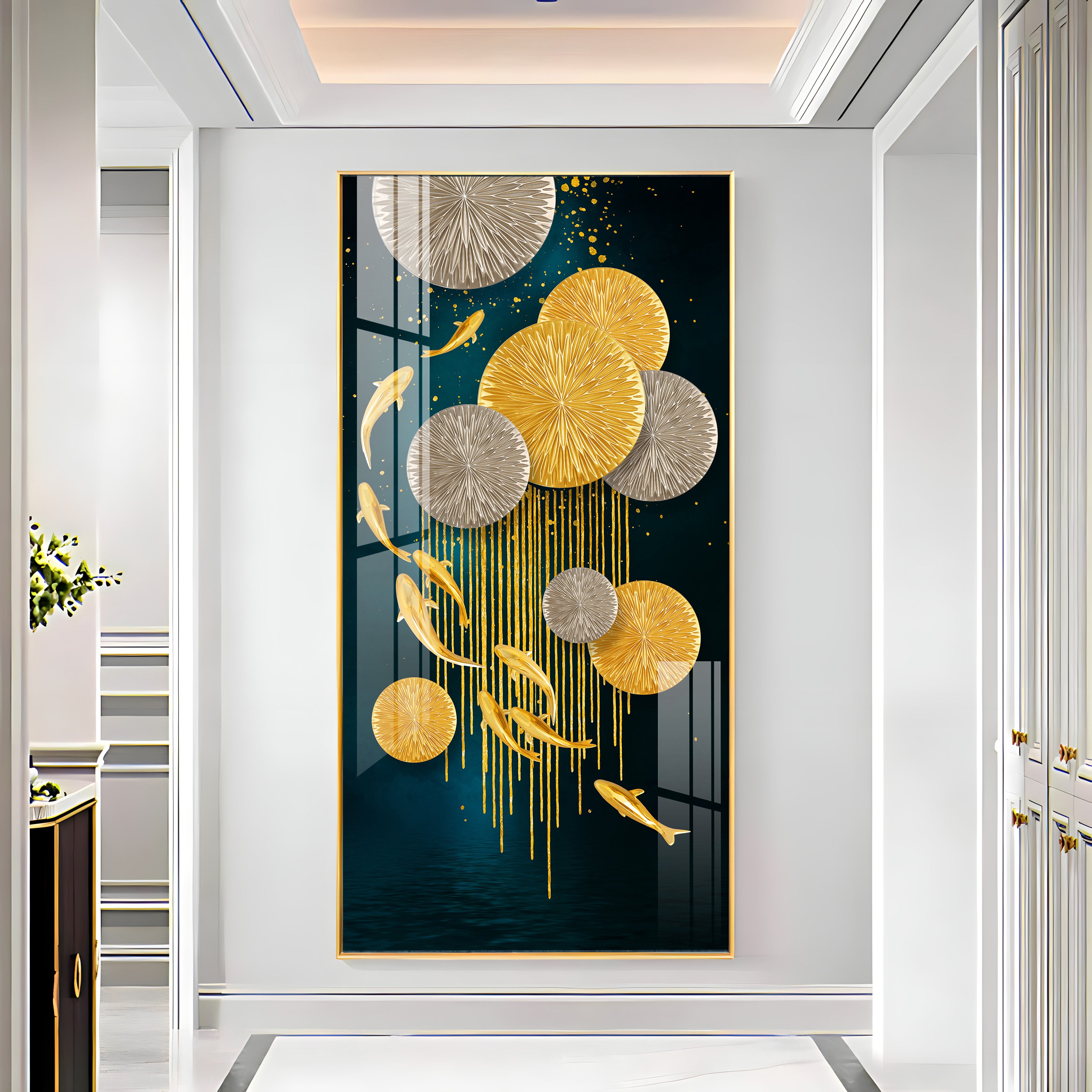 Golden Fish With Lotus Premium Acrylic Wall Art