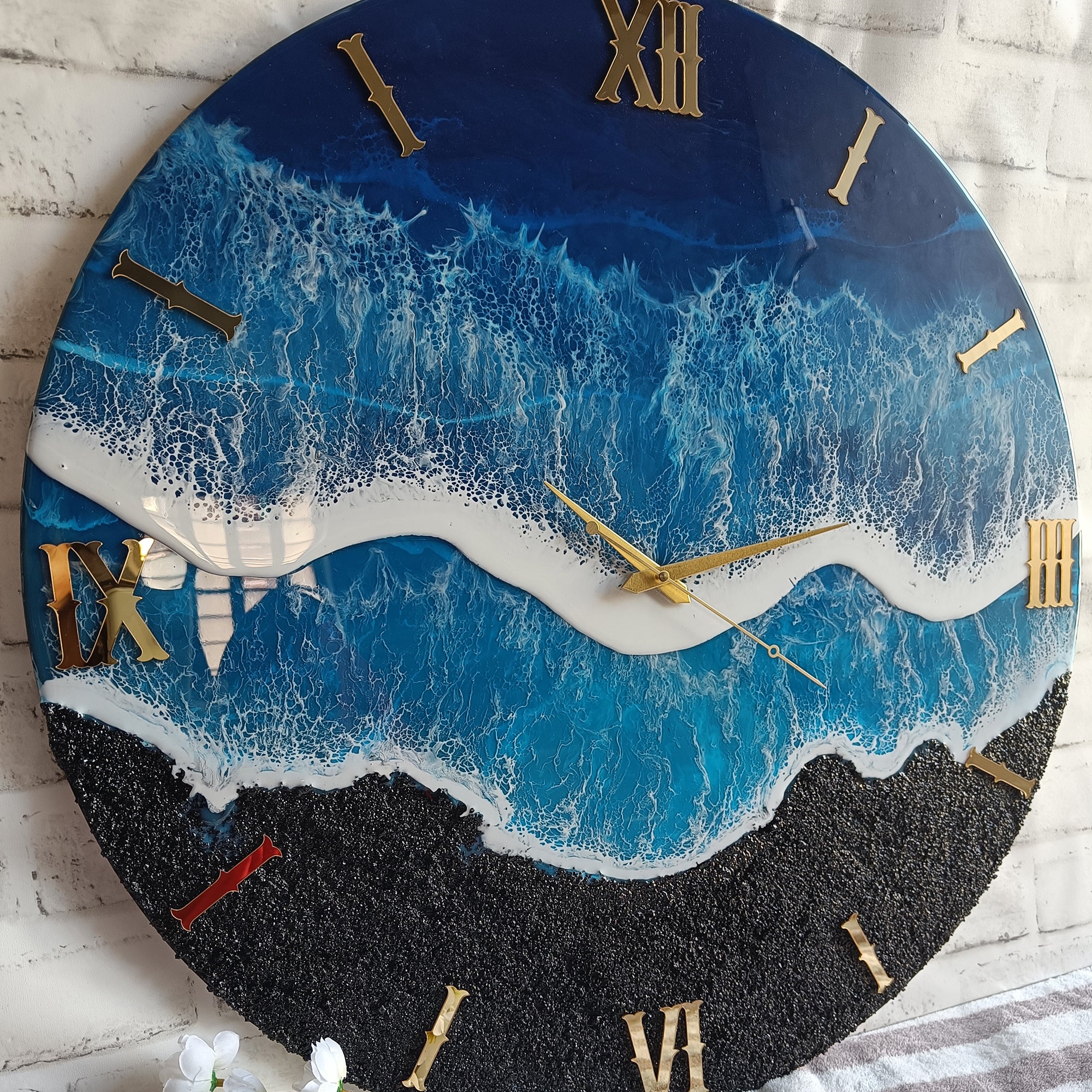 Black & Blue Waves Epoxy Resin Wall Clock