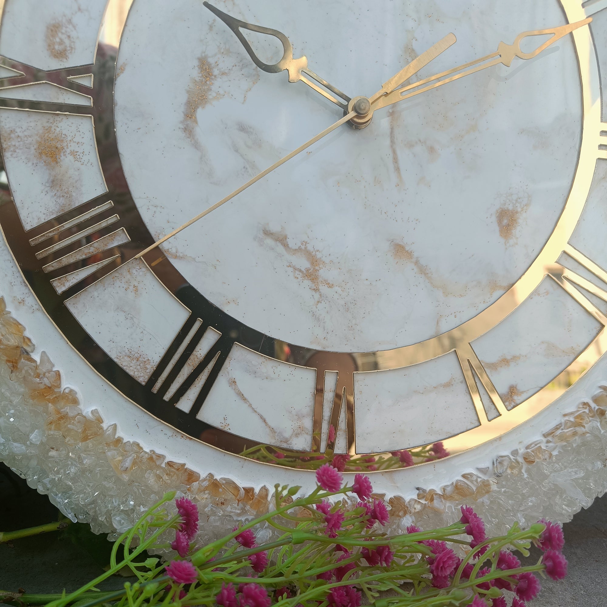 Ultimate White Stone With Gold Color Epoxy Resin Wall Clock
