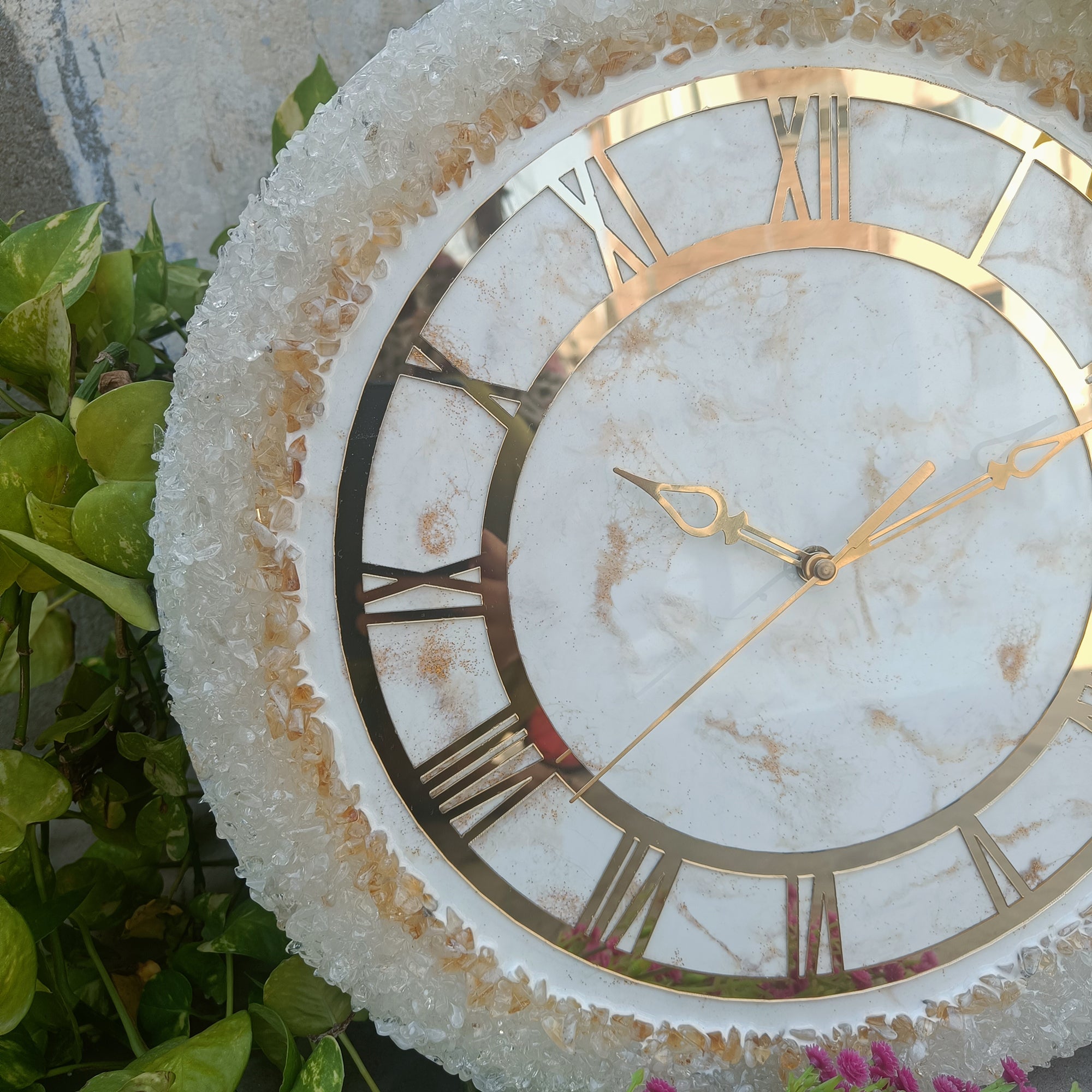 Ultimate White Stone With Gold Color Epoxy Resin Wall Clock