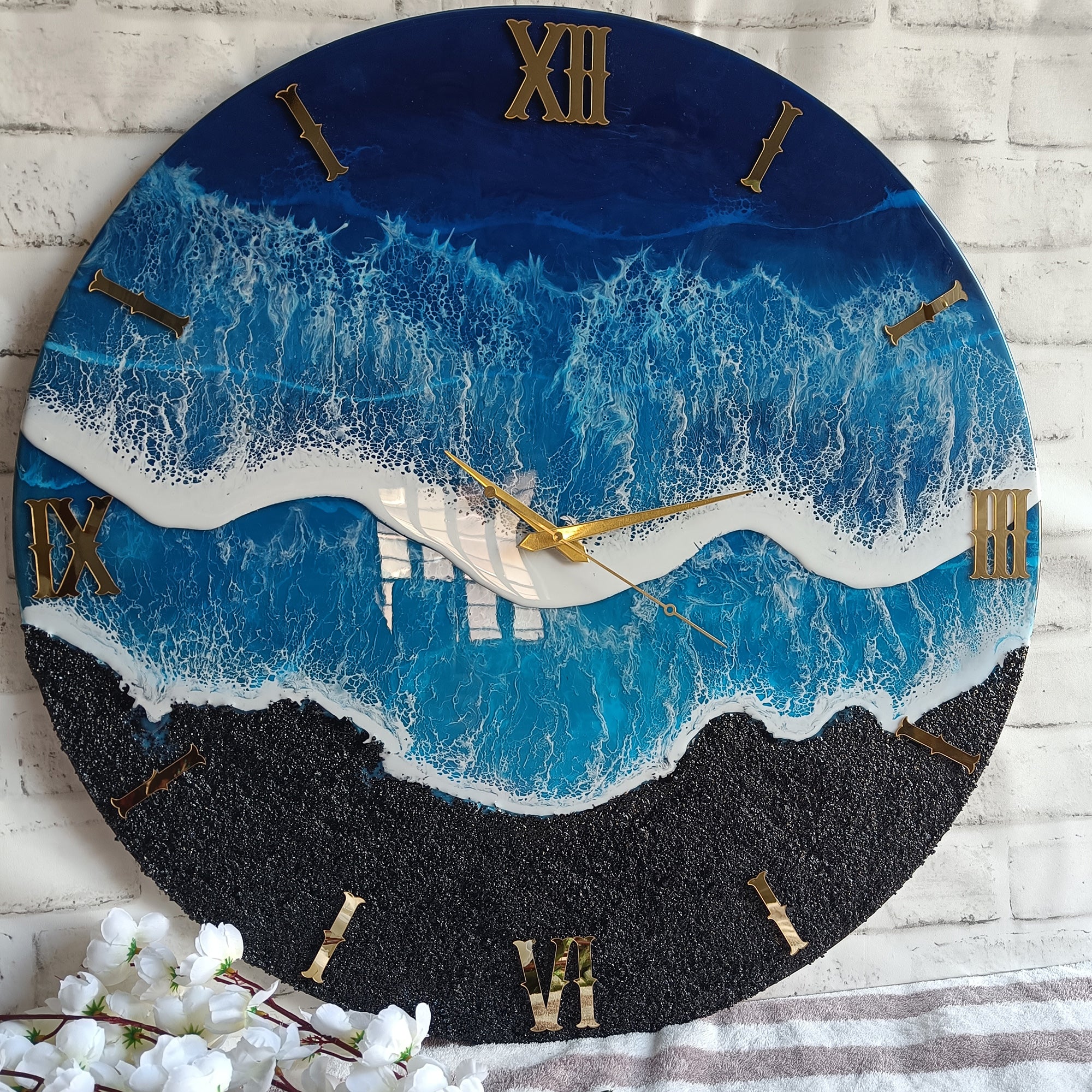 Black & Blue Waves Epoxy Resin Wall Clock