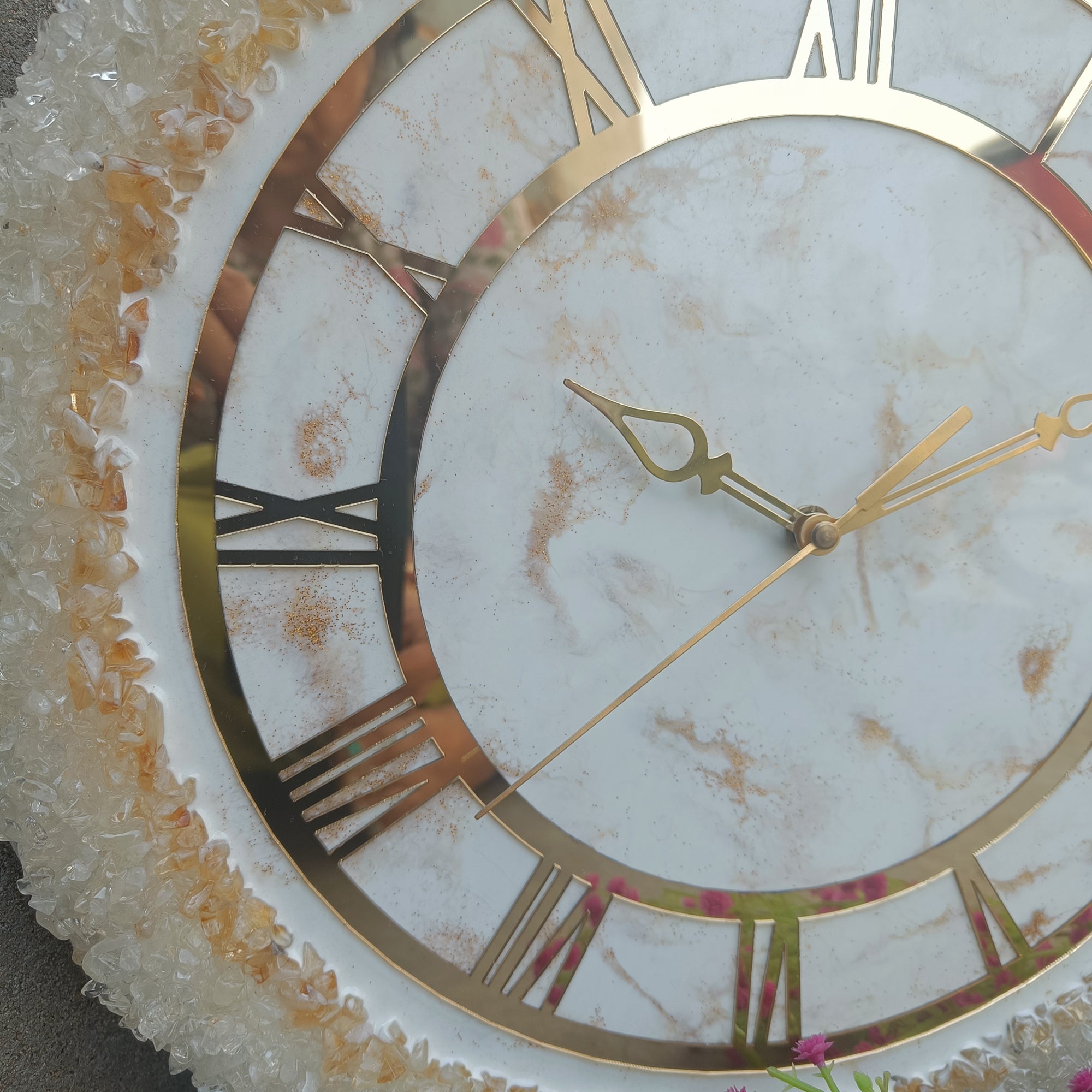 Ultimate White Stone With Gold Color Epoxy Resin Wall Clock