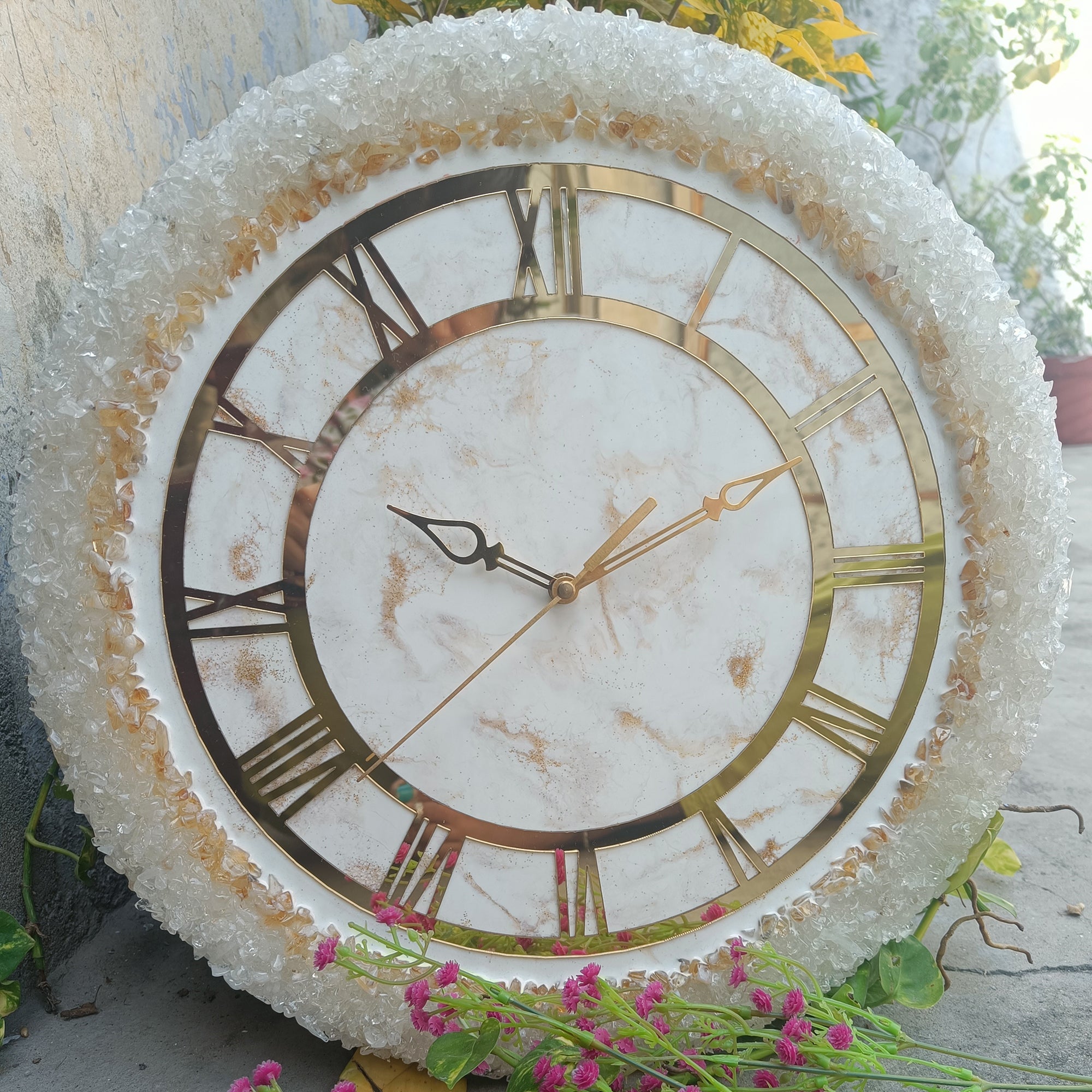 Ultimate White Stone With Gold Color Epoxy Resin Wall Clock