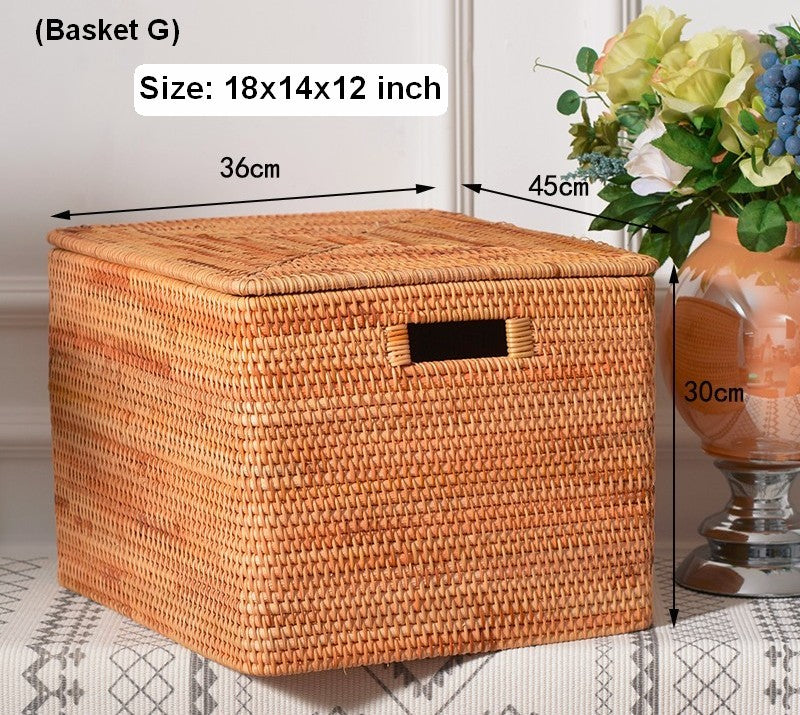 Large Storage Baskets for Clothes, Laundry Woven Baskets, Rattan Storage Baskets for Shelves, Kitchen Storage Baskets, Rectangular Storage Basket with Lid