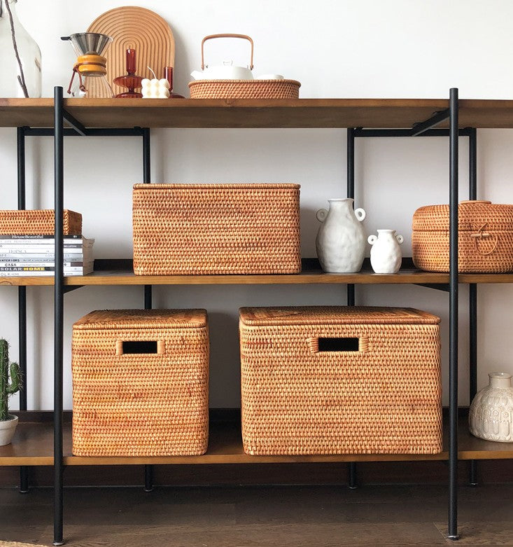 Large Storage Baskets for Clothes, Laundry Woven Baskets, Rattan Storage Baskets for Shelves, Kitchen Storage Baskets, Rectangular Storage Basket with Lid