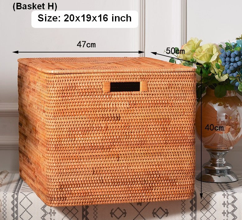 Large Storage Baskets for Clothes, Laundry Woven Baskets, Rattan Storage Baskets for Shelves, Kitchen Storage Baskets, Rectangular Storage Basket with Lid