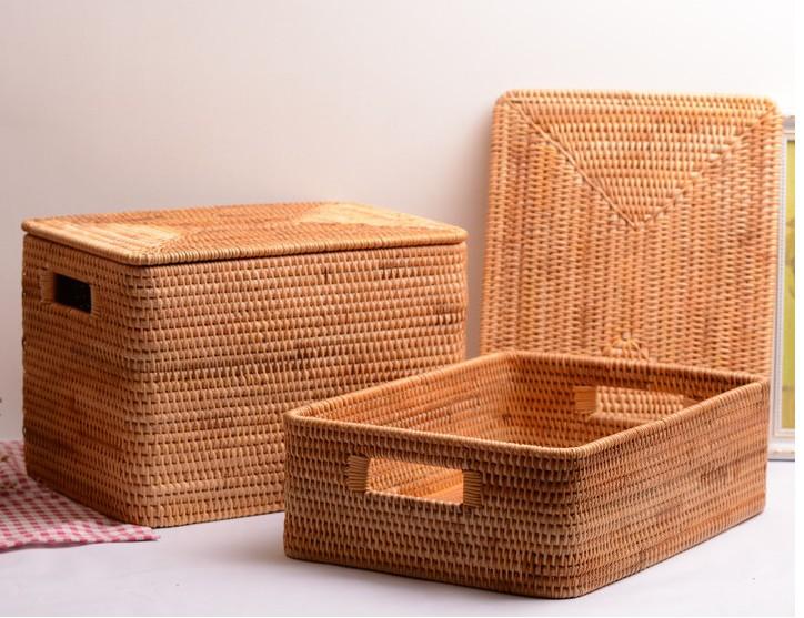 Large Storage Baskets for Clothes, Laundry Woven Baskets, Rattan Storage Baskets for Shelves, Kitchen Storage Baskets, Rectangular Storage Basket with Lid