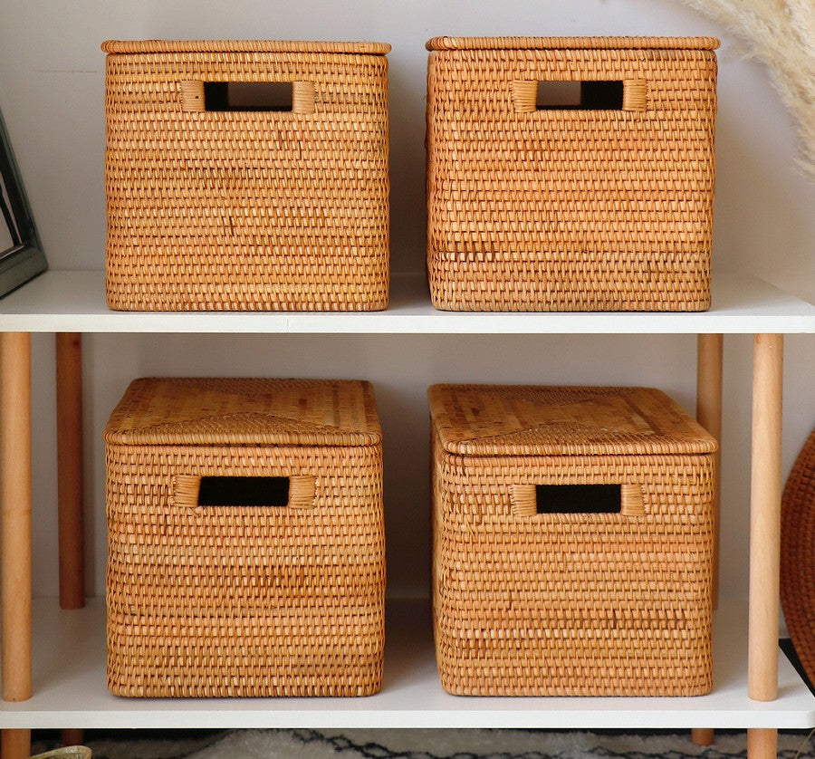 Large Storage Baskets for Clothes, Laundry Woven Baskets, Rattan Storage Baskets for Shelves, Kitchen Storage Baskets, Rectangular Storage Basket with Lid