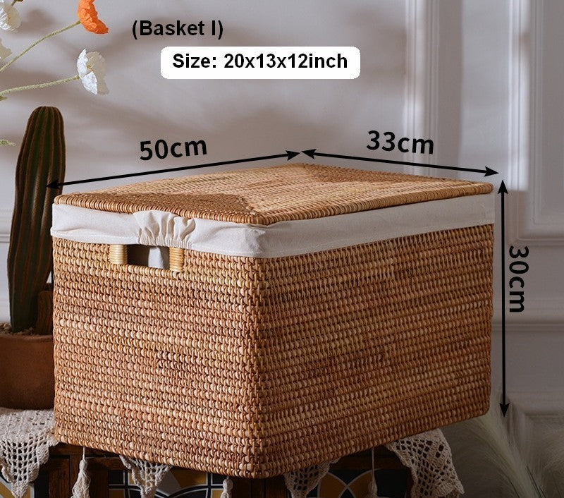 Large Storage Baskets for Clothes, Laundry Woven Baskets, Rattan Storage Baskets for Shelves, Kitchen Storage Baskets, Rectangular Storage Basket with Lid