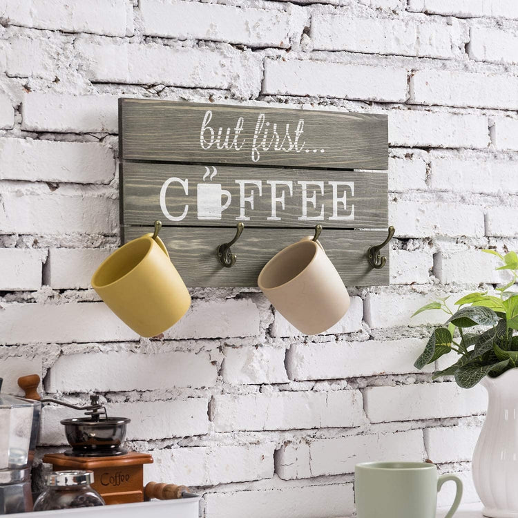 8-Hook, &lsquo;But First Coffee&rsquo; Gray Solid Wood Mug Storage Rack