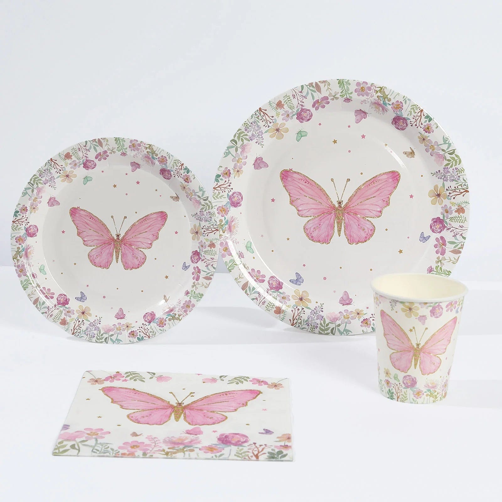 White and pink butterfly paper tableware set