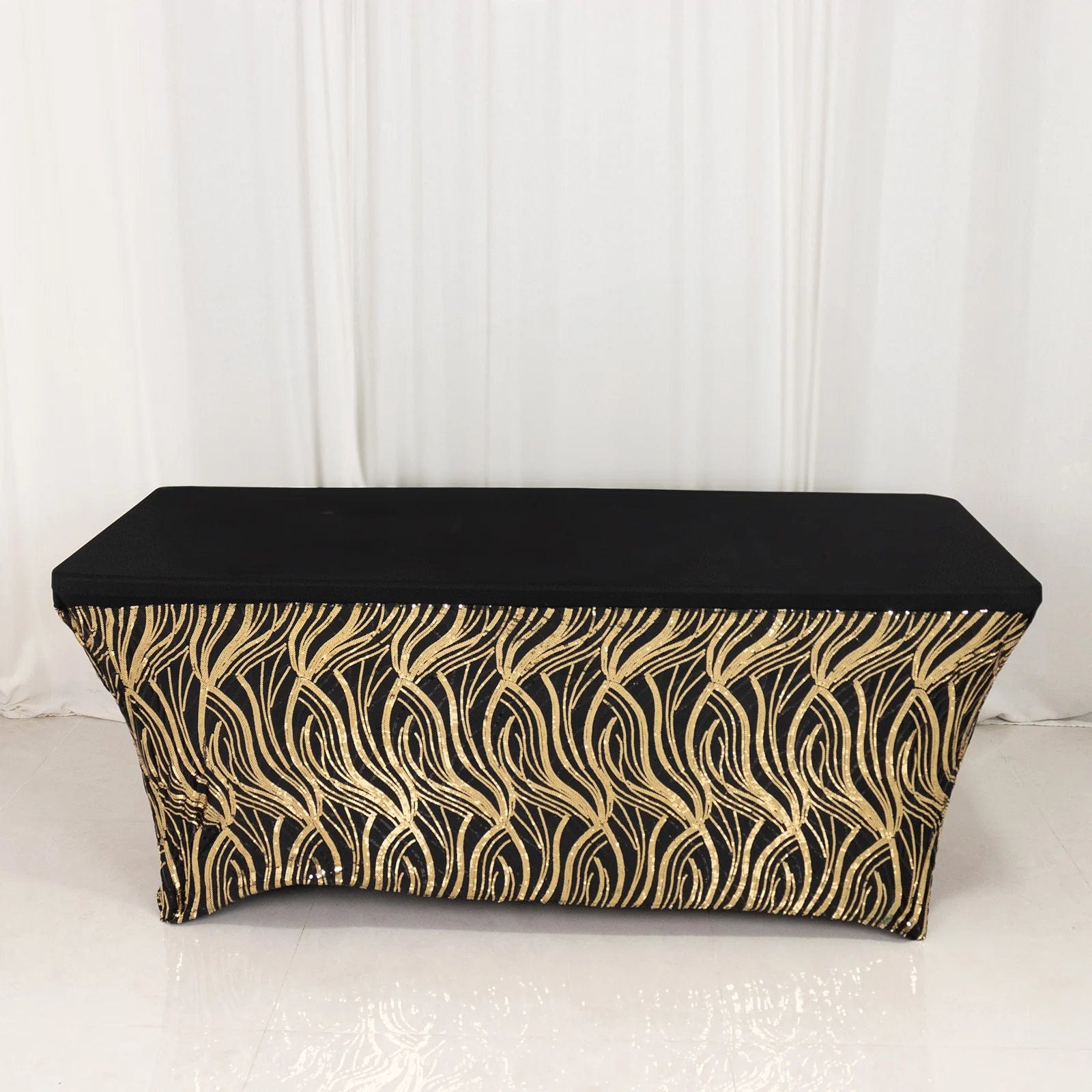 Gold spandex rectangle tablecloth with wave embroidered sequins
