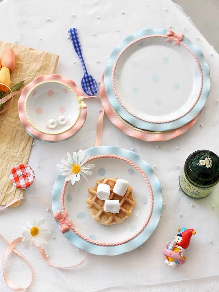 Cute Pastel Ribbon Polka Dots Princess Bowl & Plate Set