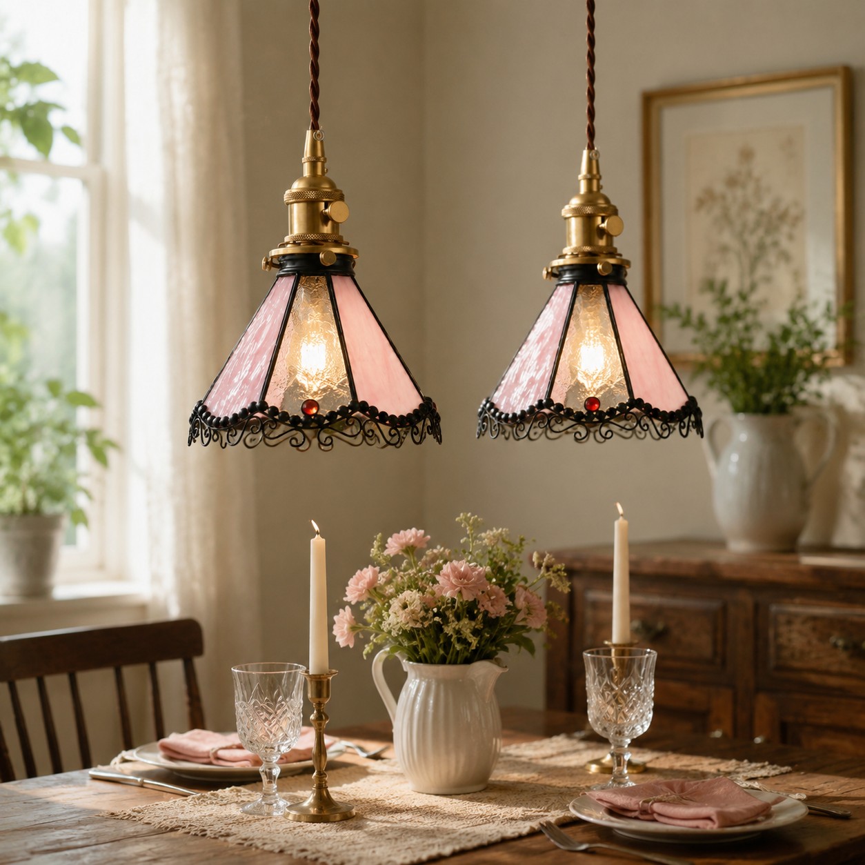 Pair of pink stained glass pendants over a dining table
