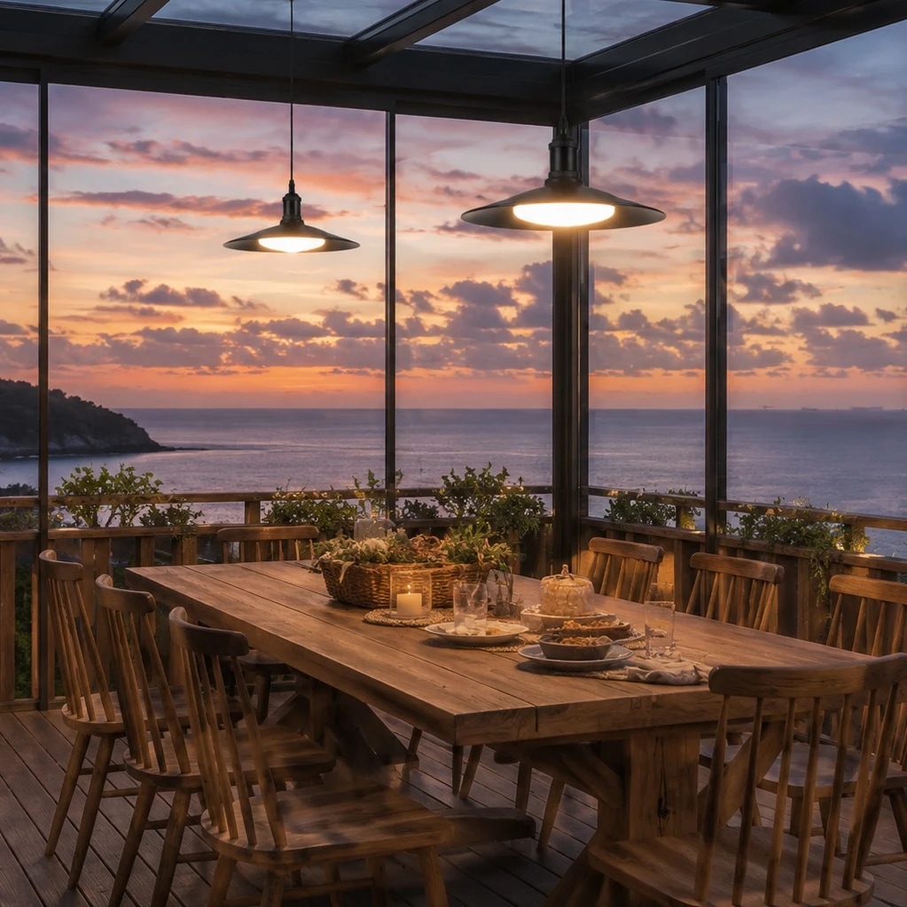 Leviaxa light in a covered outdoor living space