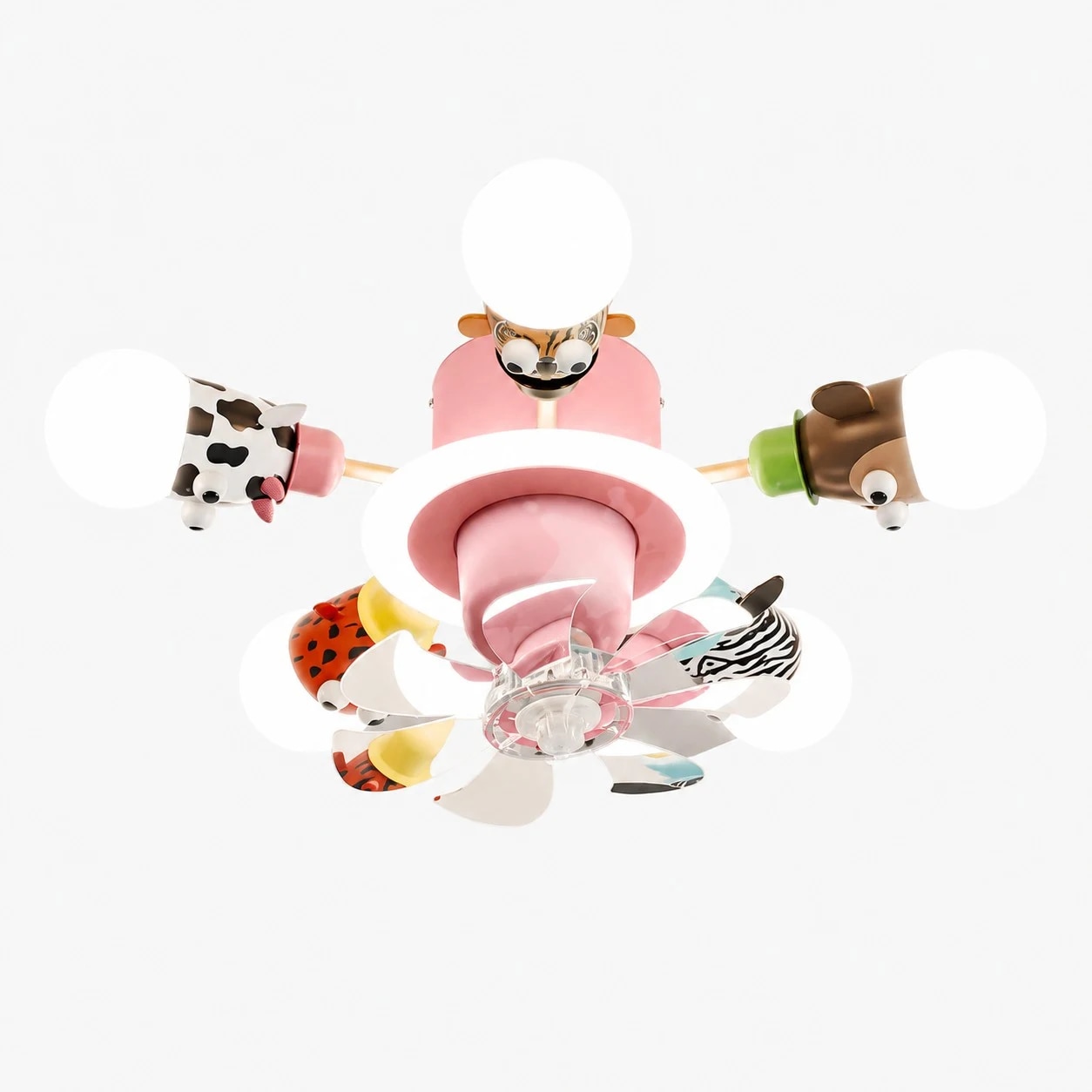 Pink five-light kids animal ceiling fan light
