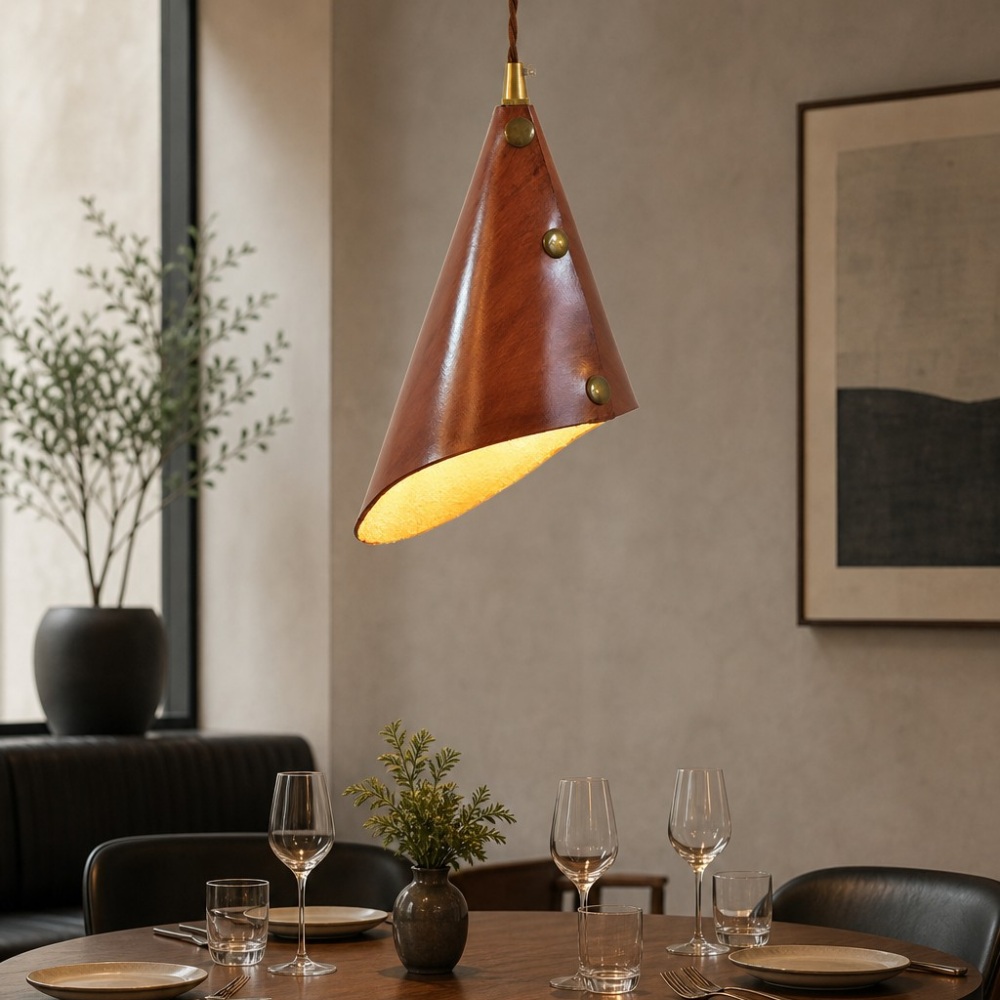 Red pendant above dining table