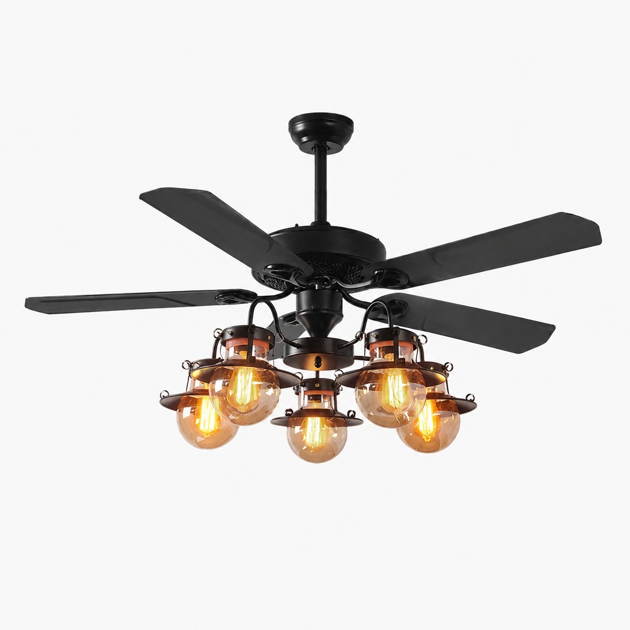 Style A Iron Blades / Matte Black Frame / Amber Glass Globes 5-Light ceiling fan light