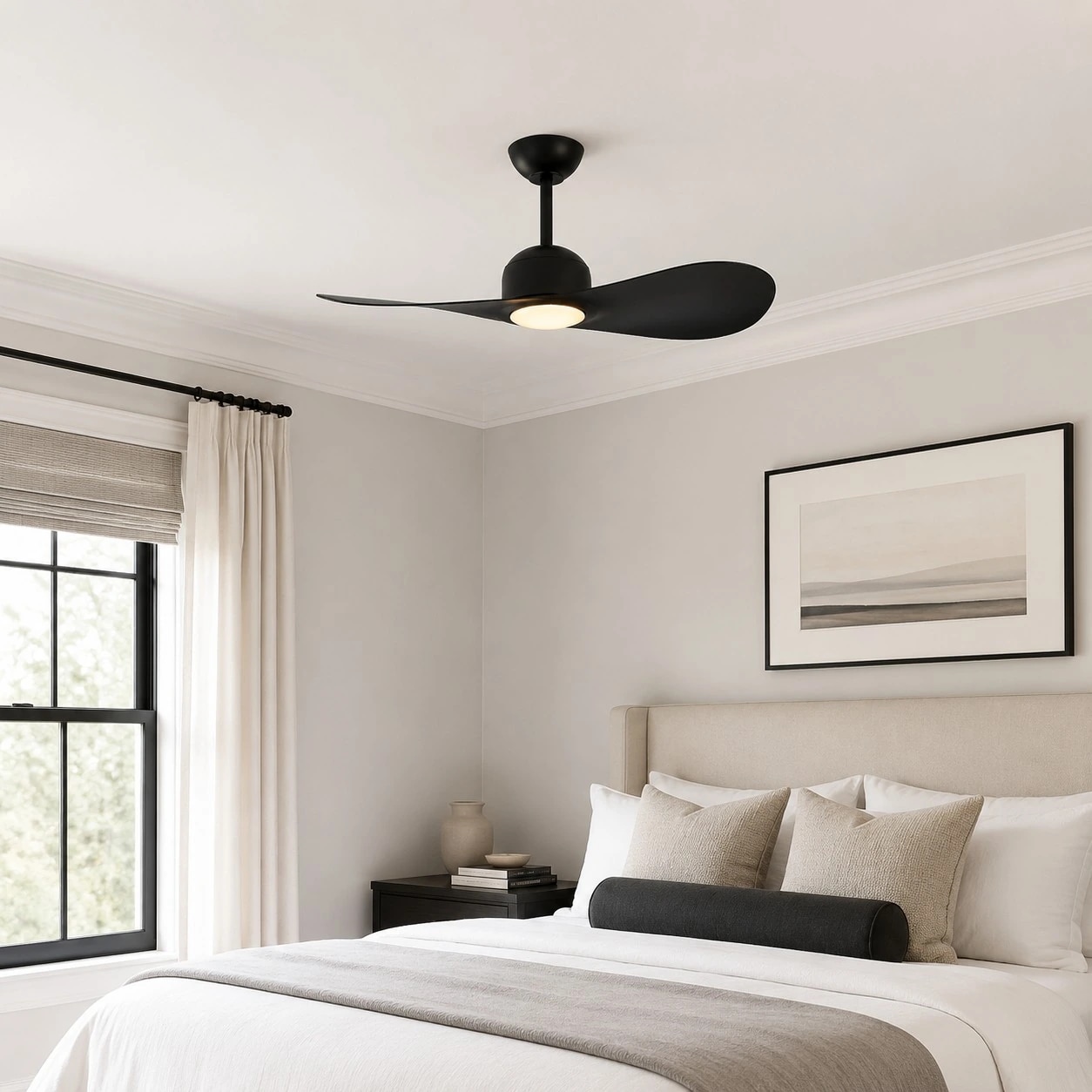 Two-blade ceiling fan light installed in a bedroom