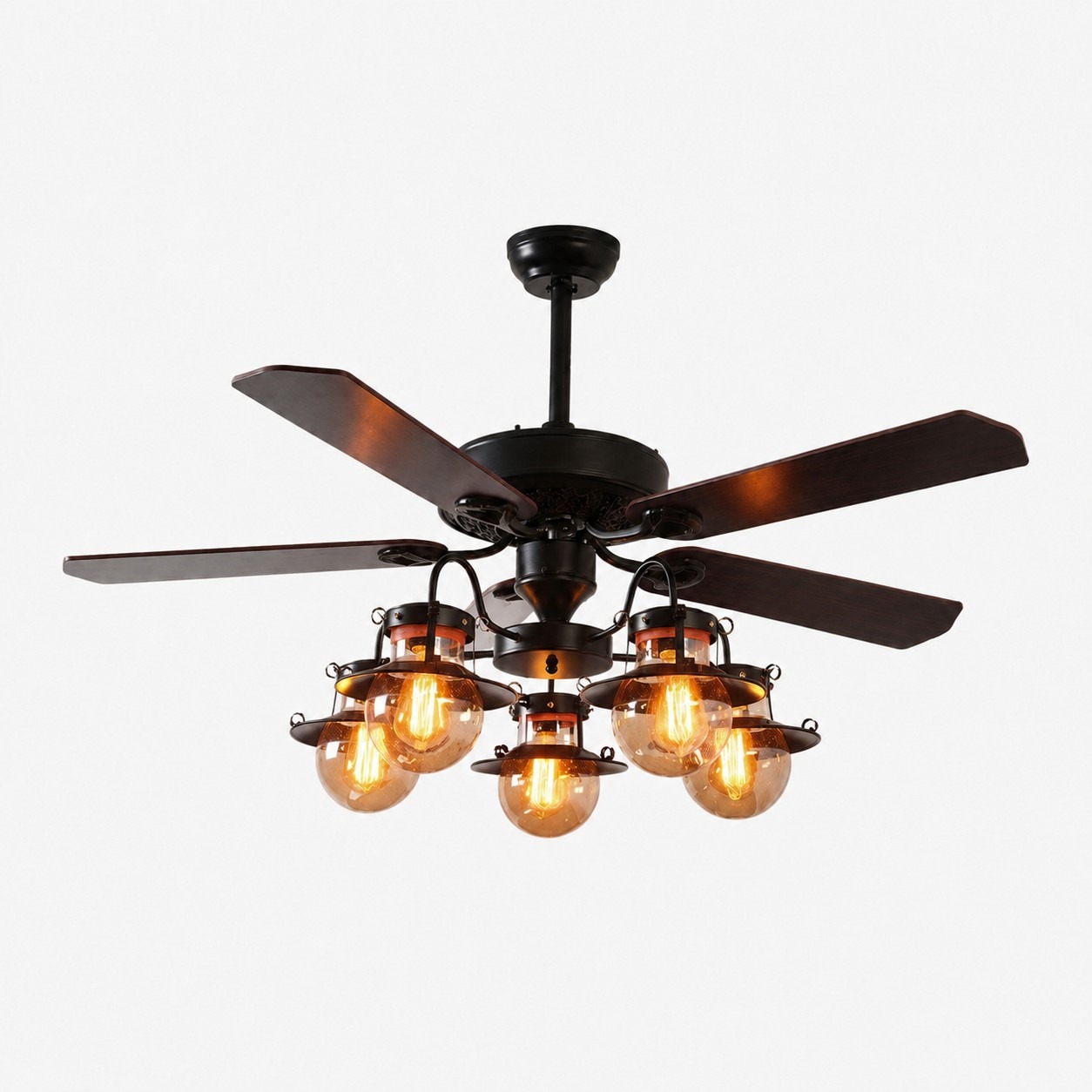 Style A Wood Blades / Matte Black Frame / Amber Glass Globes 5-Light ceiling fan light