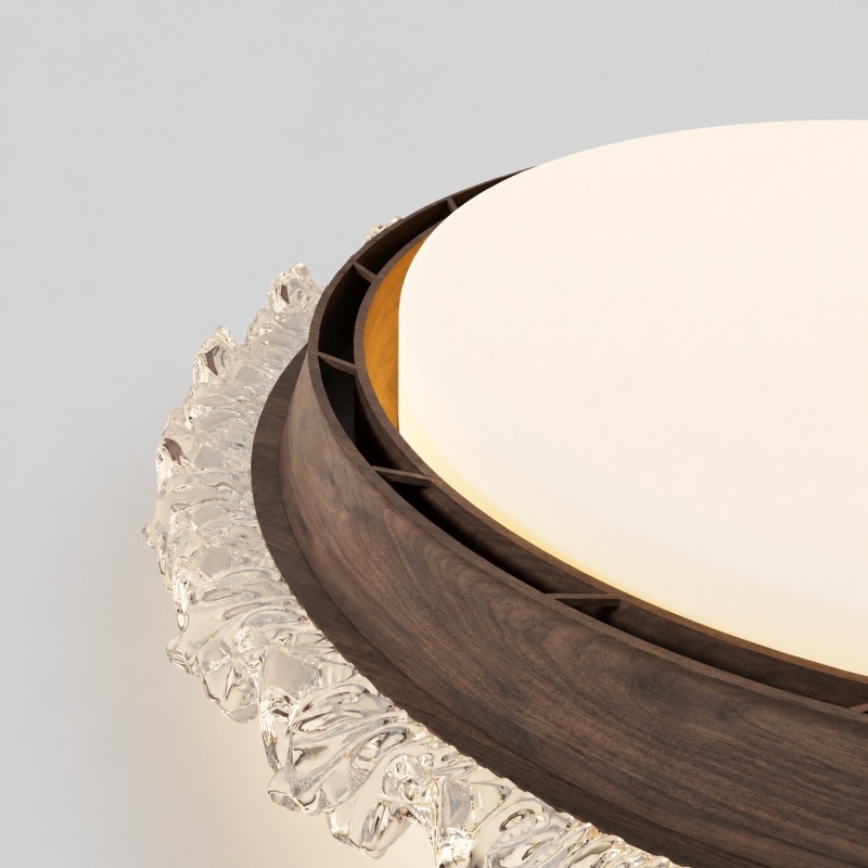Close detail of wood frame and crystal shade