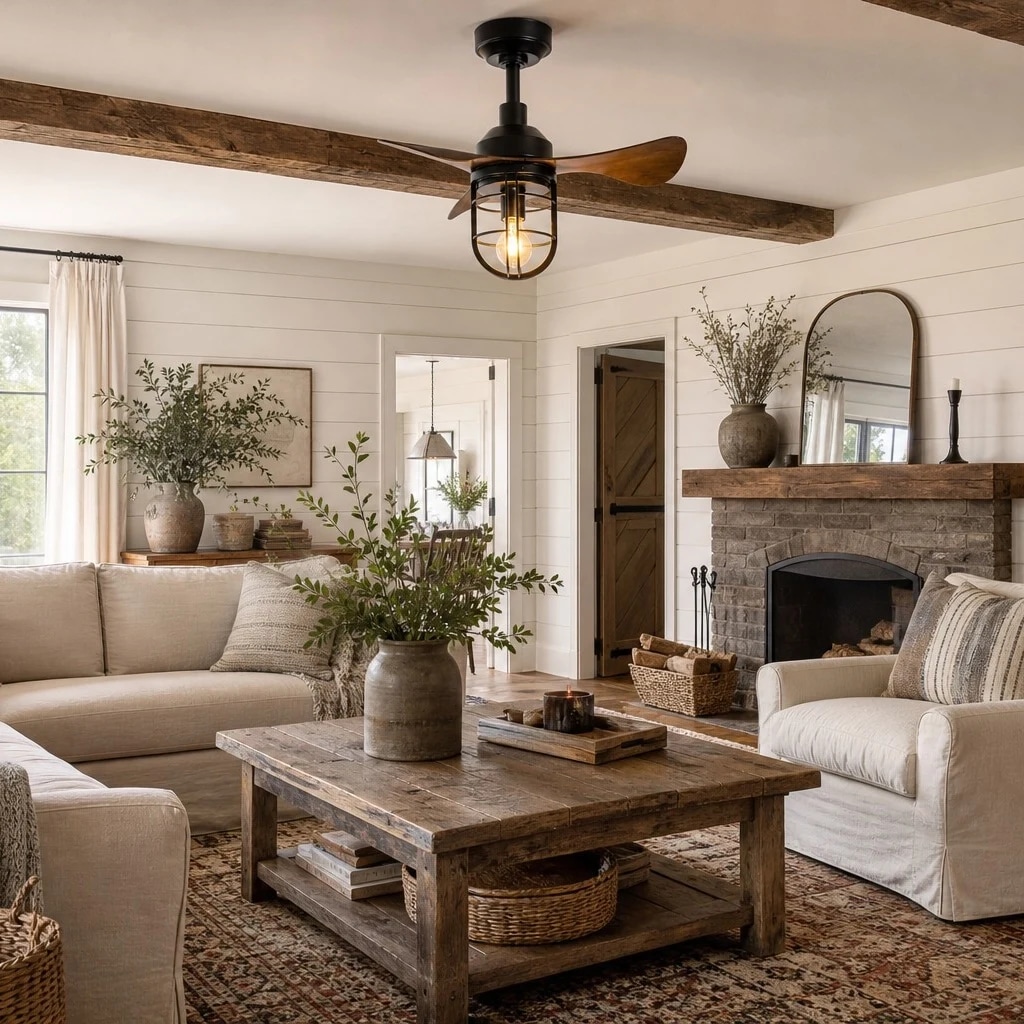 rustic ceiling fan light installed in a compact living room