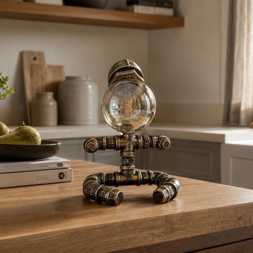 Industrial globe pipe lamp near a window