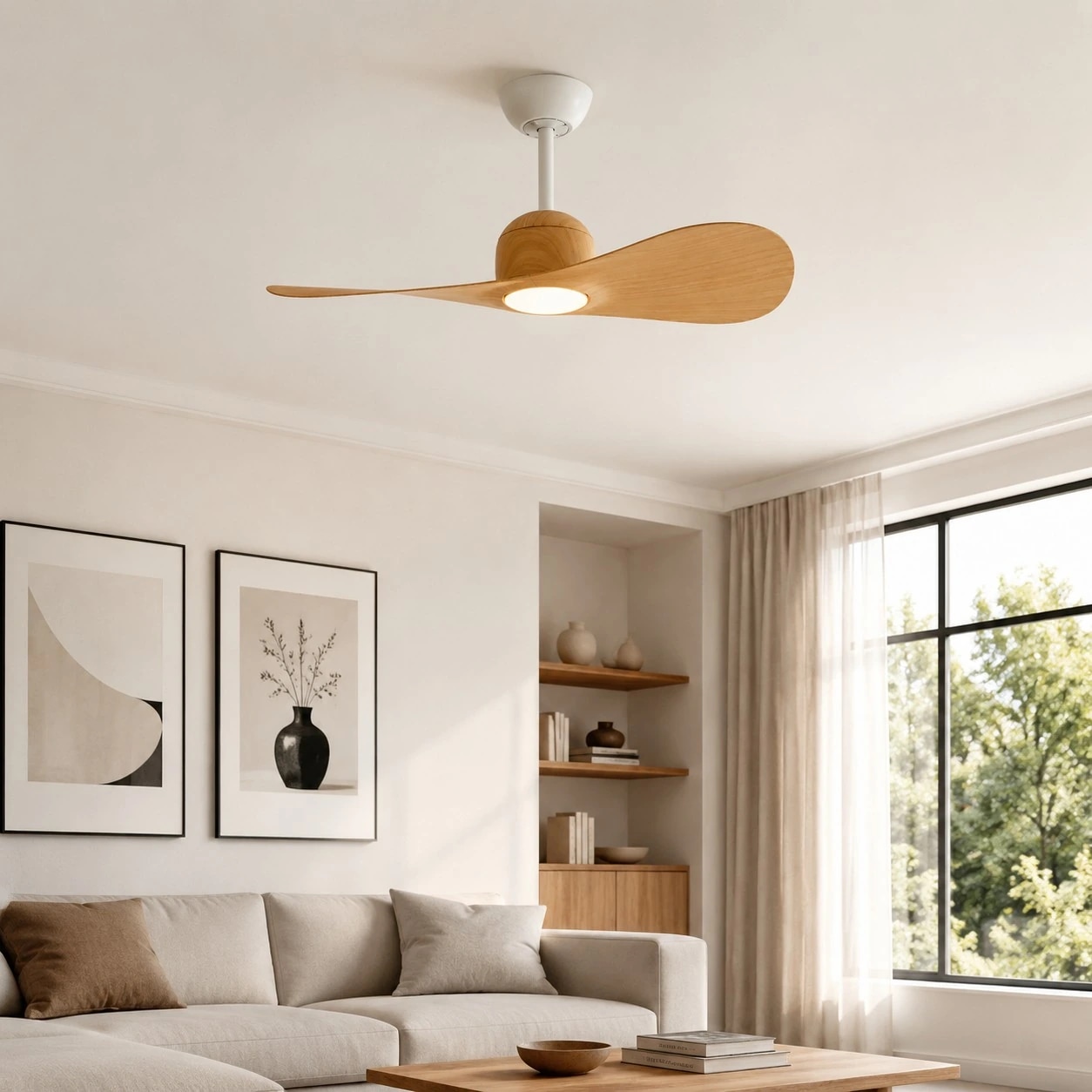Wood two-blade ceiling fan light installed in a living room