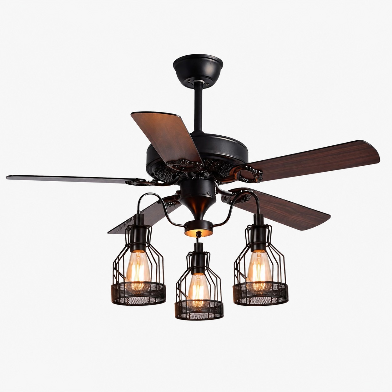 Style C Wood Blades / Matte Black Frame / Cage Shades 3-Light ceiling fan light