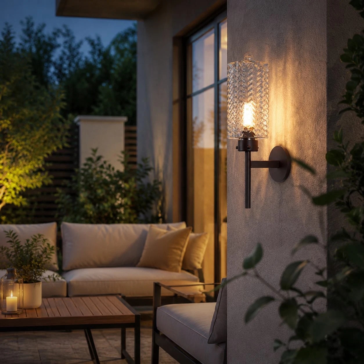 Outdoor wall sconce lit beside patio seating at dusk