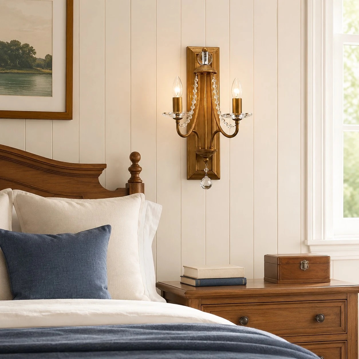 Vintage brass crystal double wall sconce installed beside a table
