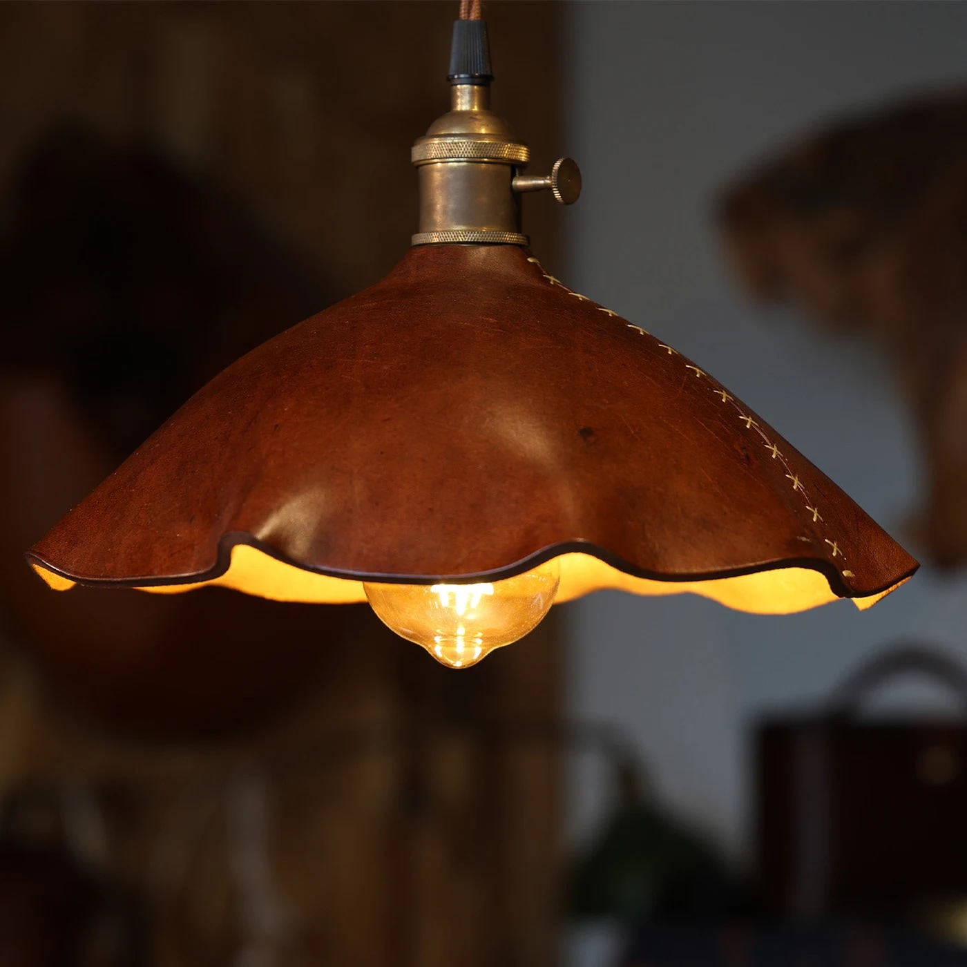 Cowhide leather dome pendant shade close-up