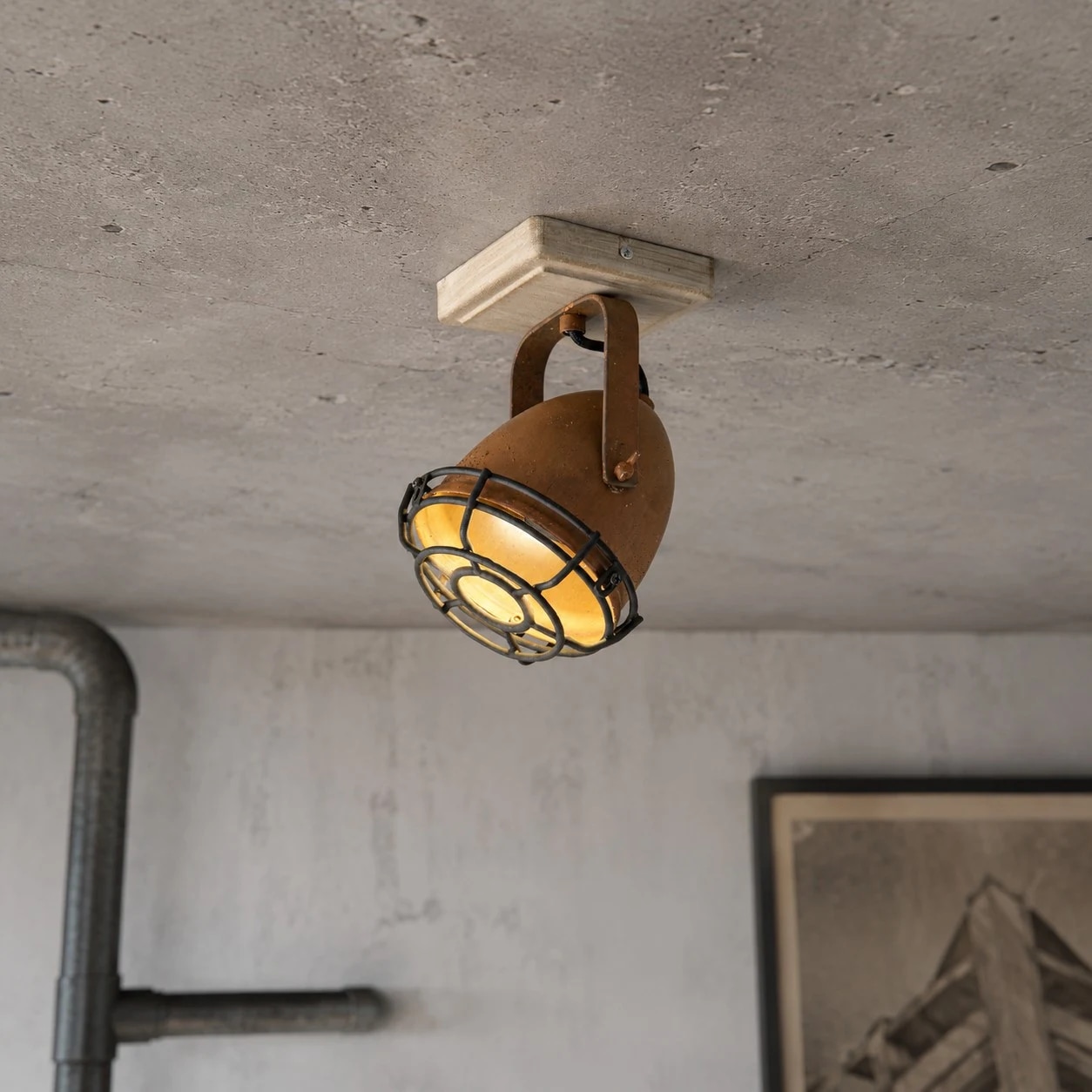 Rust ceiling spotlight installed and lit
