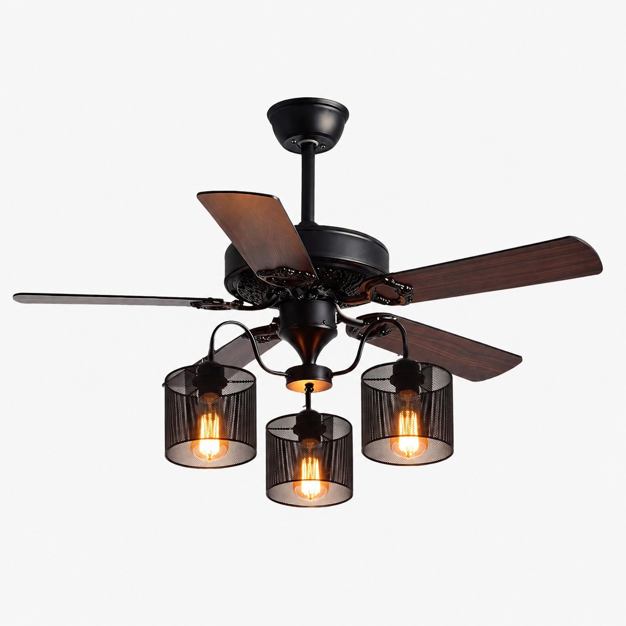 Style D Wood Blades / Matte Black Frame / Cylinder Glass Shades 3-Light ceiling fan light