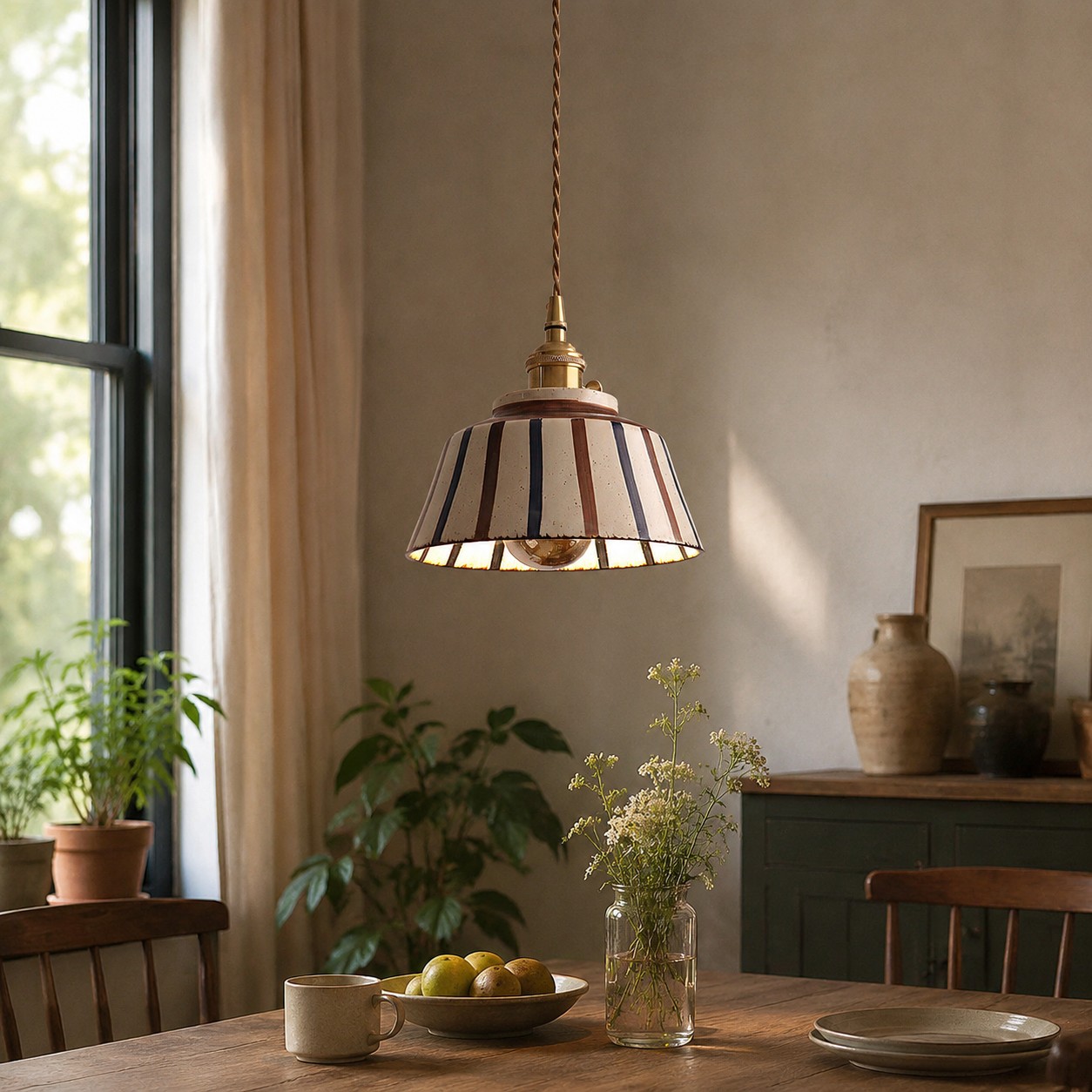 Striped ceramic light beside a softly lit window