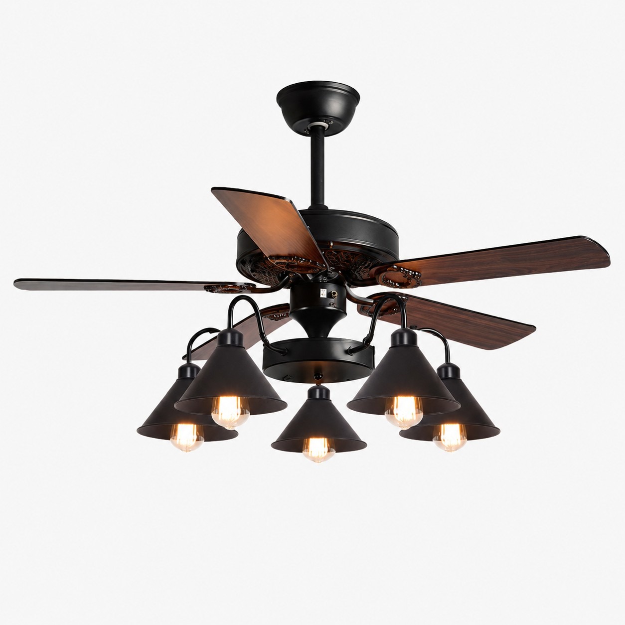 Style B Wood Blades / Matte Black Frame / Cone Metal Shades 5-Light ceiling fan light