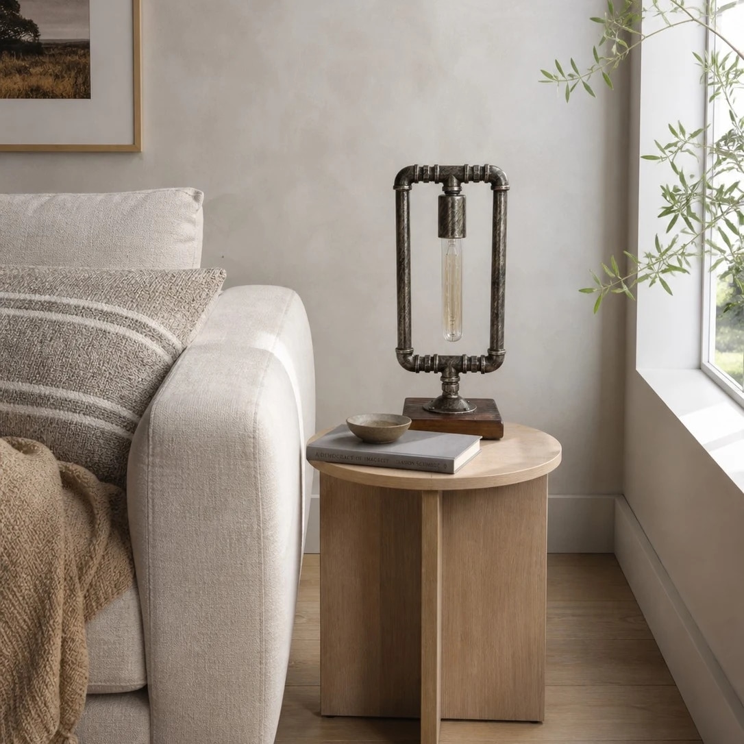 Industrial pipe table lamp beside a sofa